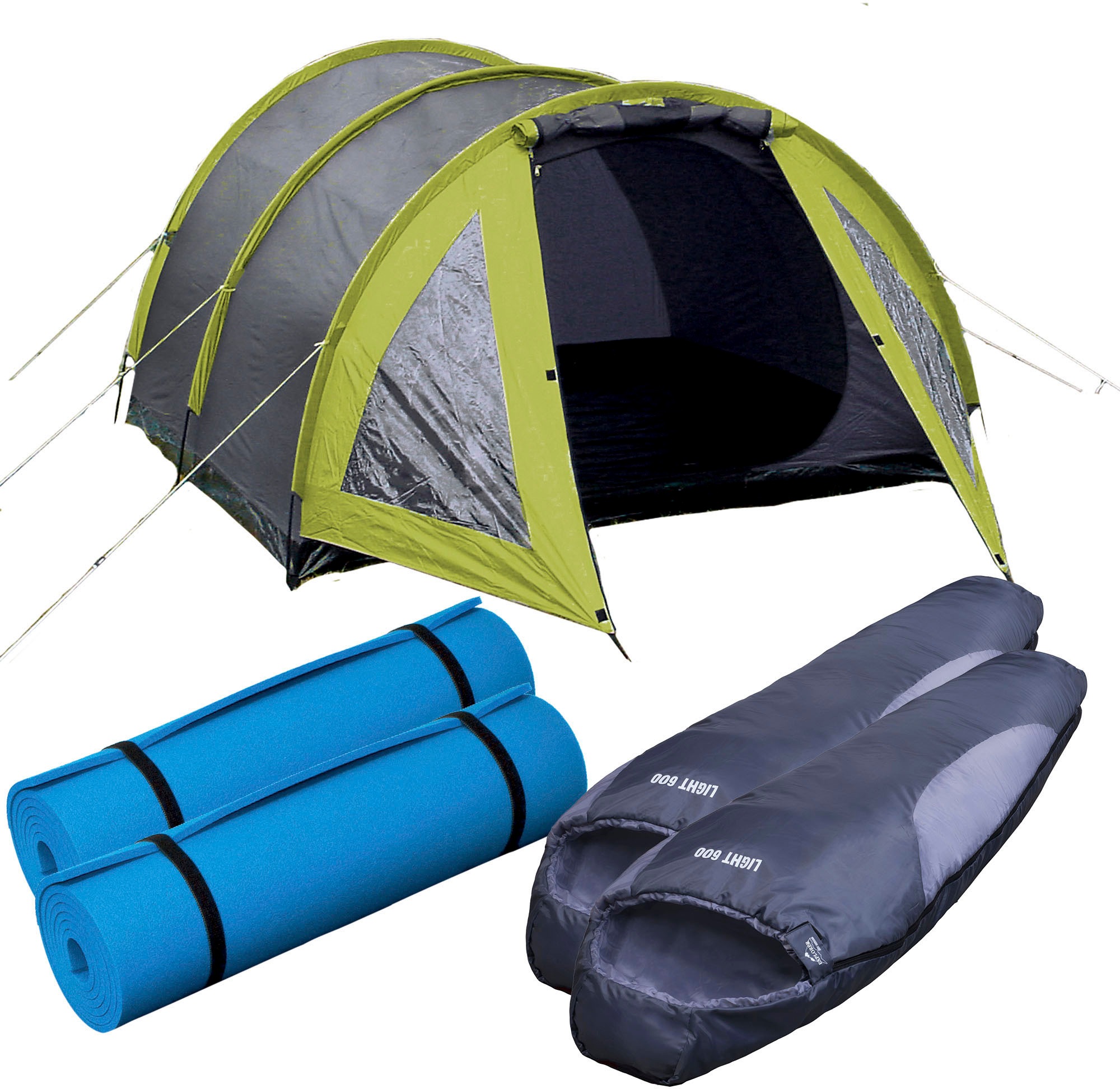 EXPLORER Tunnelzelt "Campingset 5-teilig, 1 Zelt / 2 Schlafsäcke / 2 Isomatten", B/H/L: 210cm x 120cm x 295cm, grau, Zelte