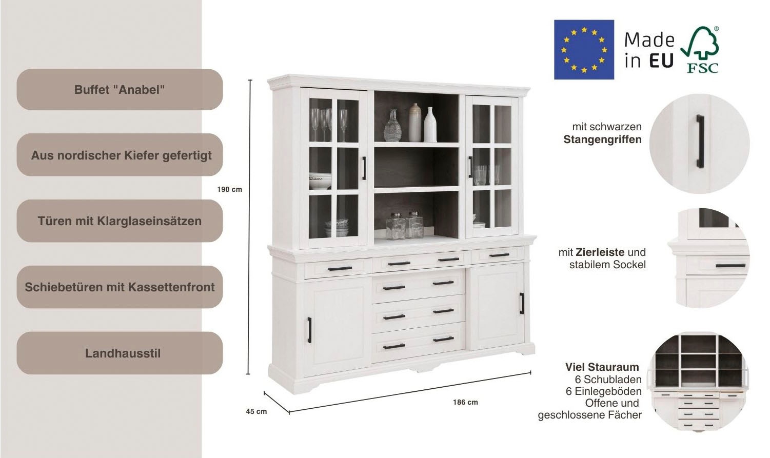 Home affaire Buffet »Anabel«, aus massiver Kiefer, mit Schiebetüren, Breite 186 cm