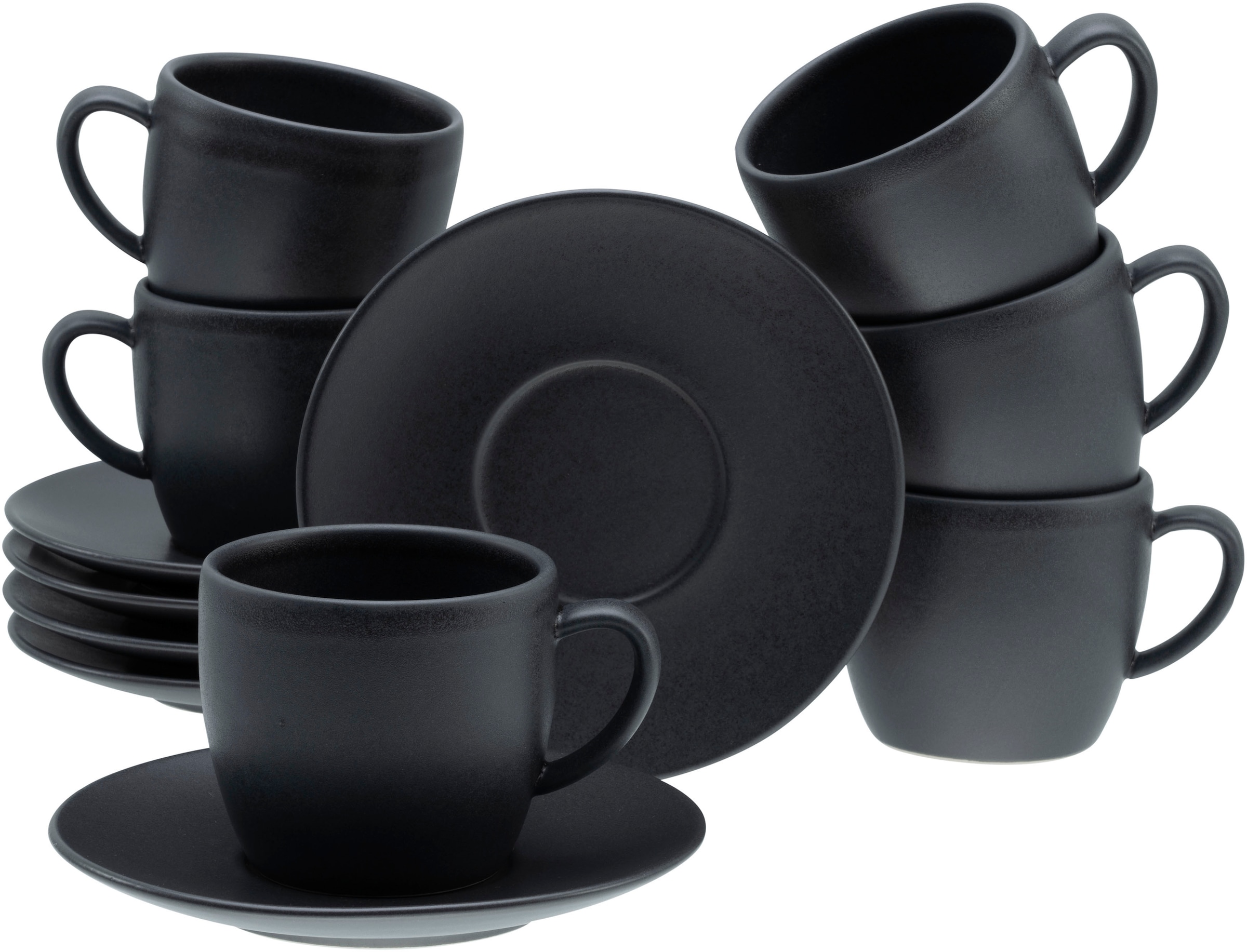 CreaTable Cappuccinotasse "Soft Touch Black", (Set, 12 tlg.), 12-teiliges Set, mit Untertasse