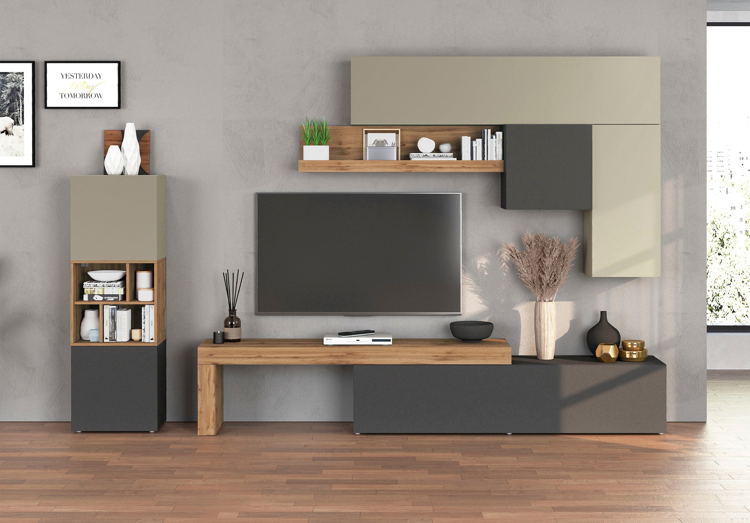 INOSIGN Wohnwand »Chronos Wohnwand, Medienwand, 8-er set«, (Set, 8 St.), ca. 320 cm mit Hängeschränke, Würfel, Regal, Lowboard, Made in Italy