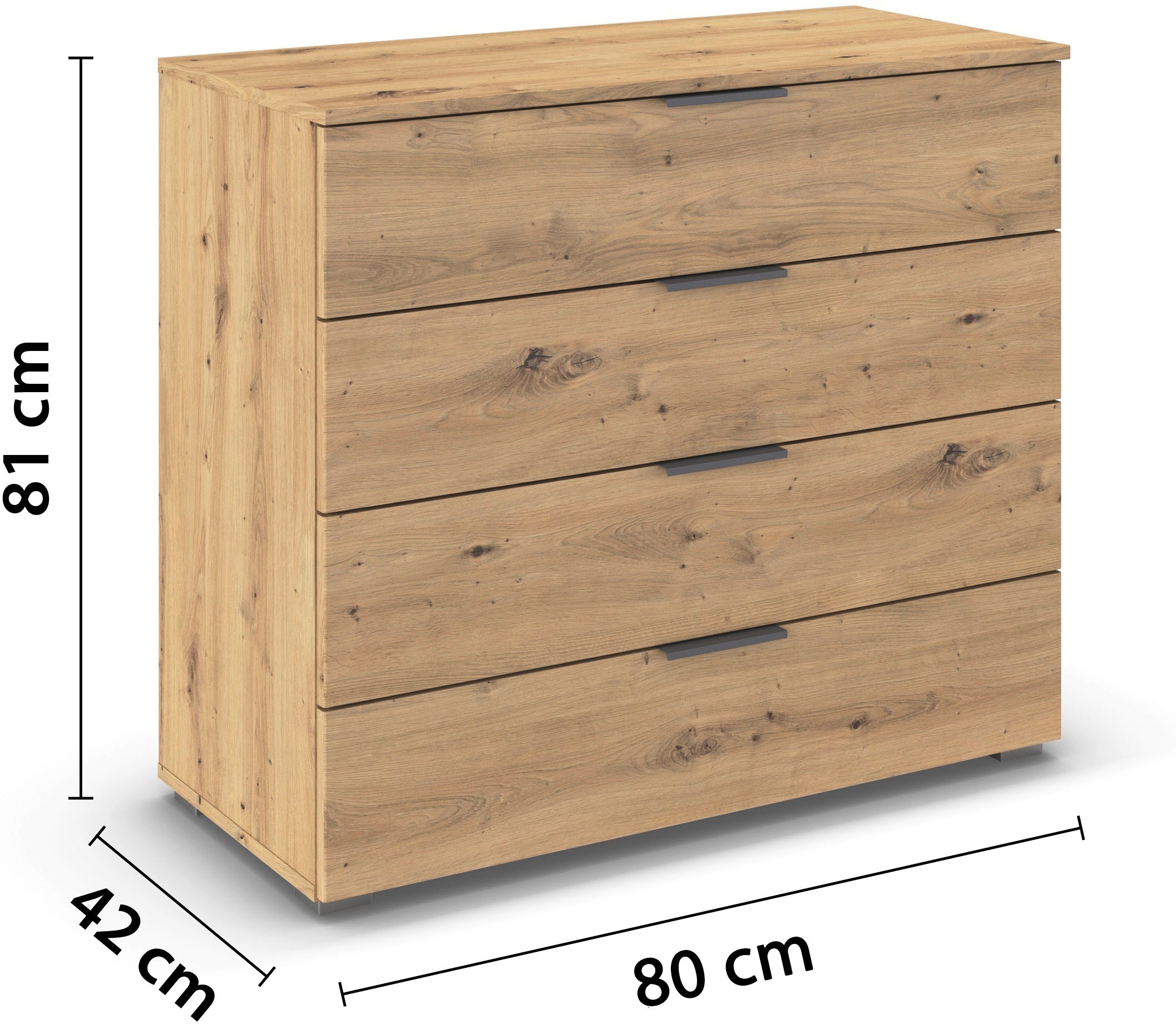 rauch Schubkastenkommode »Sideboard Schubladenkommode AGORDO mit Dekor- oder Hochglanzfront«, (in zwei Griff-Farben, Breite 80 cm inkl. Soft-Close-Funktion), vier große und geräumige Schubladen mit viel Stauraum MADE IN GERMANY