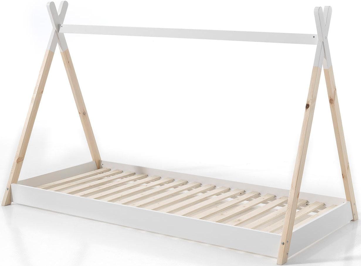 Vipack Kinderbett »Tipi, mit Querstange in Zelt-Optik, Kiefer massiv«, (inkl. Lattenrost, Bettrahmen in Weiß, 2 Größen zur Auswahl), Bodenfreiheit 1,5 cm für bessere Belüftung