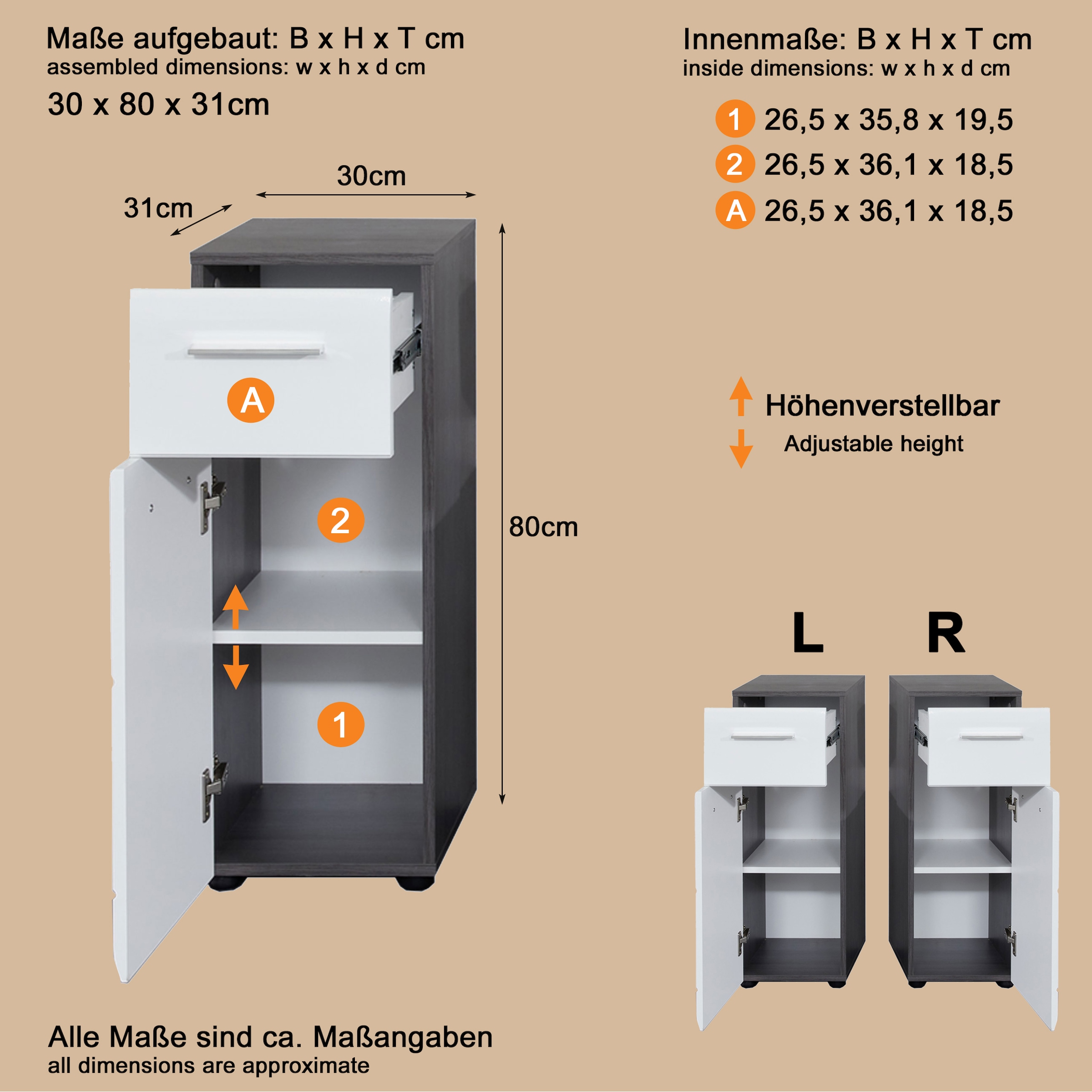 welltime Unterschrank »Sovana«, Badkommode mit Hochglanzfront und 1 Schublade - (B/T/H) 30/31/80 cm