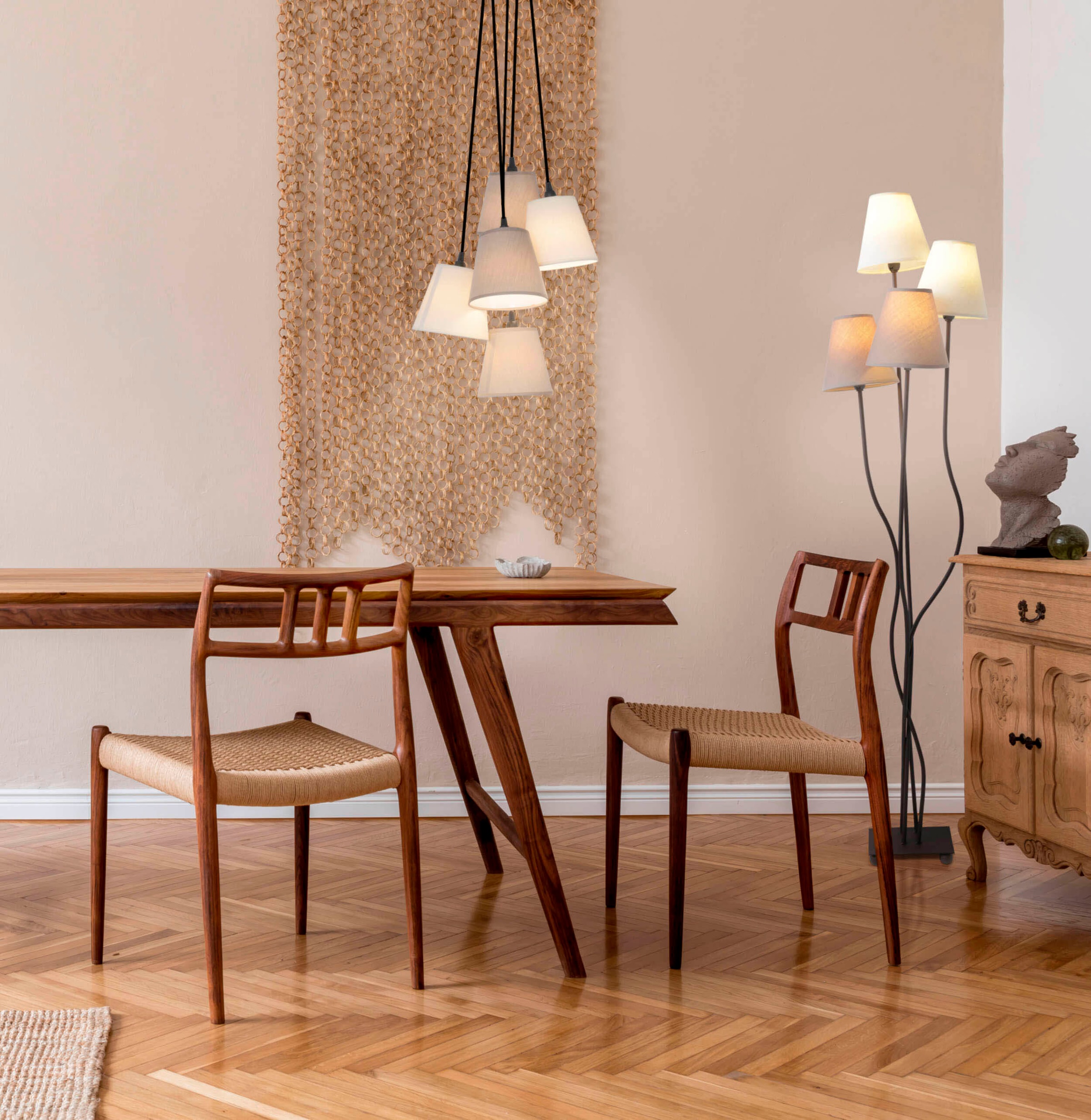 näve Stehlampe »Boho«, 4 flammig, Leuchtmittel E14 | ohne Leuchtmittel, 4flg., E14, Textilschirme 2x beige, 2x braun, inkl. Fußschalter