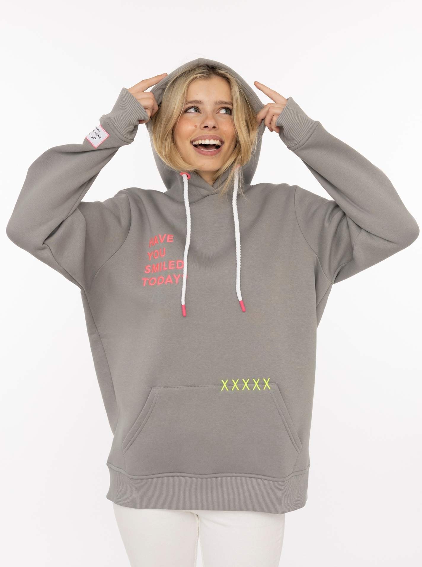 Zwillingsherz Hoodie ""Smile Cross"", Statement Schriftzug, Stickerei, Kapuze, Kängurutasche