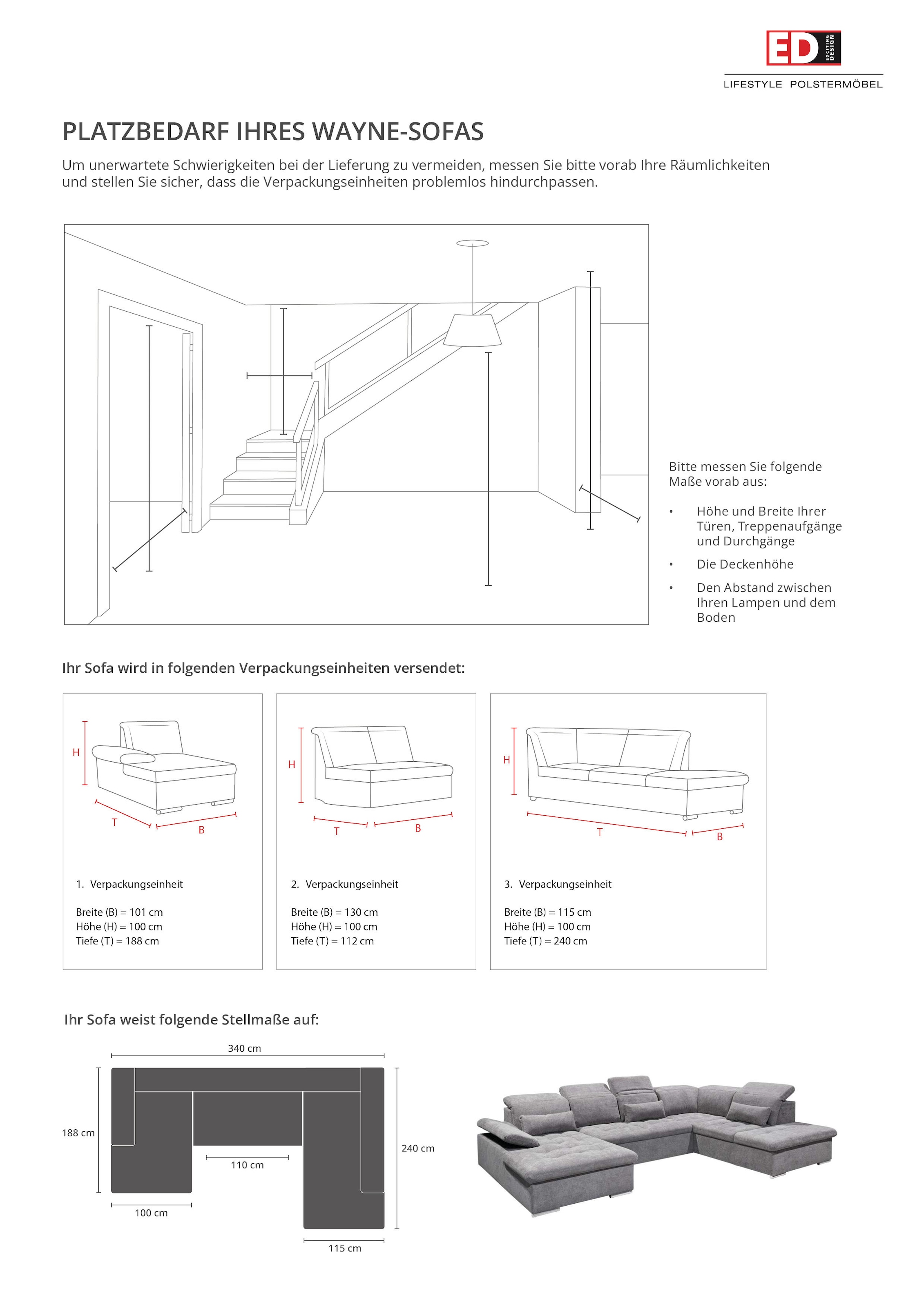 ED EXCITING DESIGN Wohnlandschaft »Wayne U-Form mit Bettfunktion, Bettkasten« Arm- und Kopfteilverstellung & 3 Nierenkissen