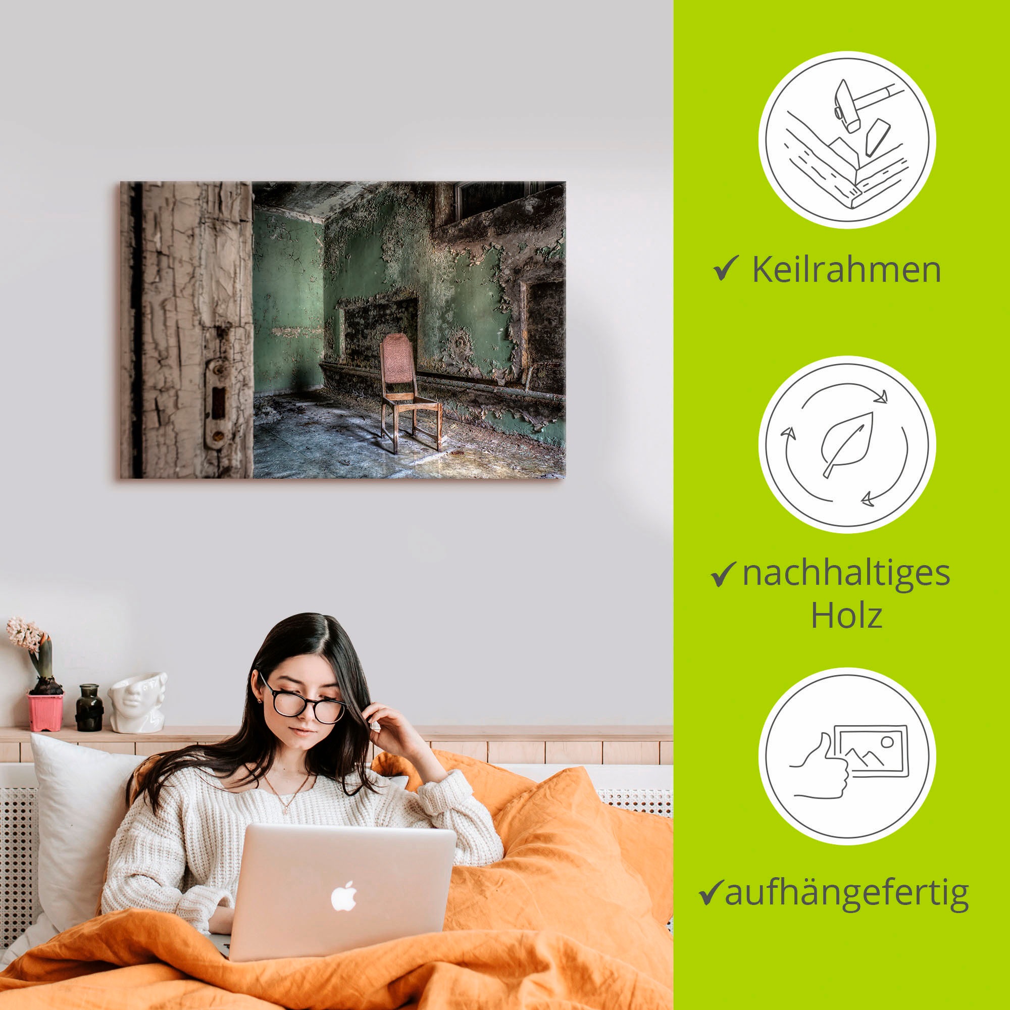 Artland Wandbild »Lost Place - einsamer Stuhl«, Fenster & Türen, (1 St.), als Alubild, Outdoorbild, Leinwandbild, Poster, Wandaufkleber
