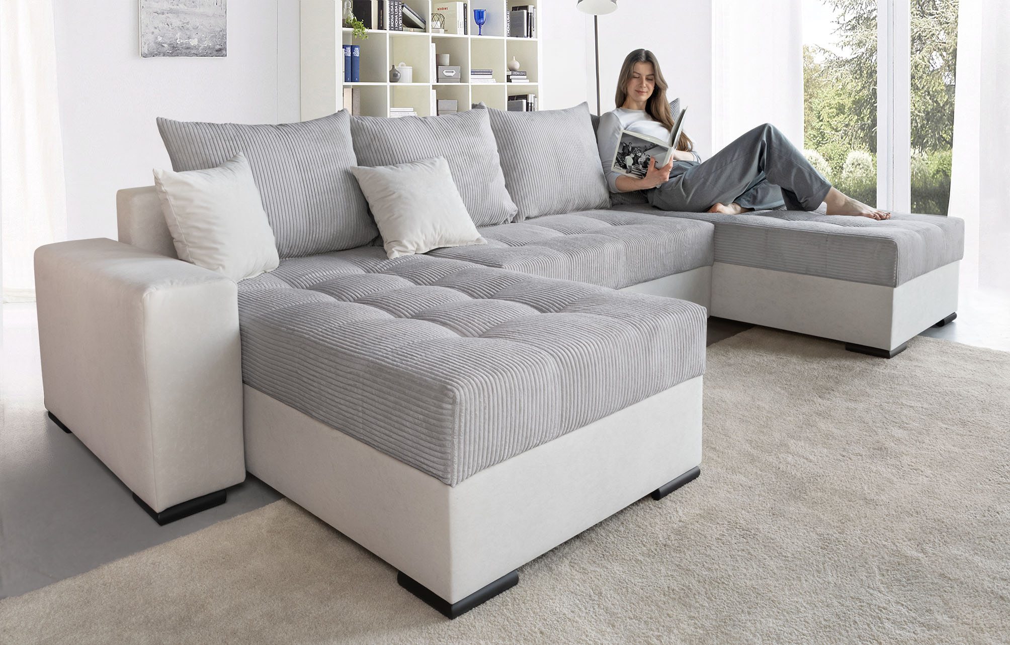 COLLECTION AB Wohnlandschaft "Josy XL U-Form, B: 313 cm in Cord, Cord-Mix" Schlaffunktion, Bettkasten & 2 Zierkissen, Federkern