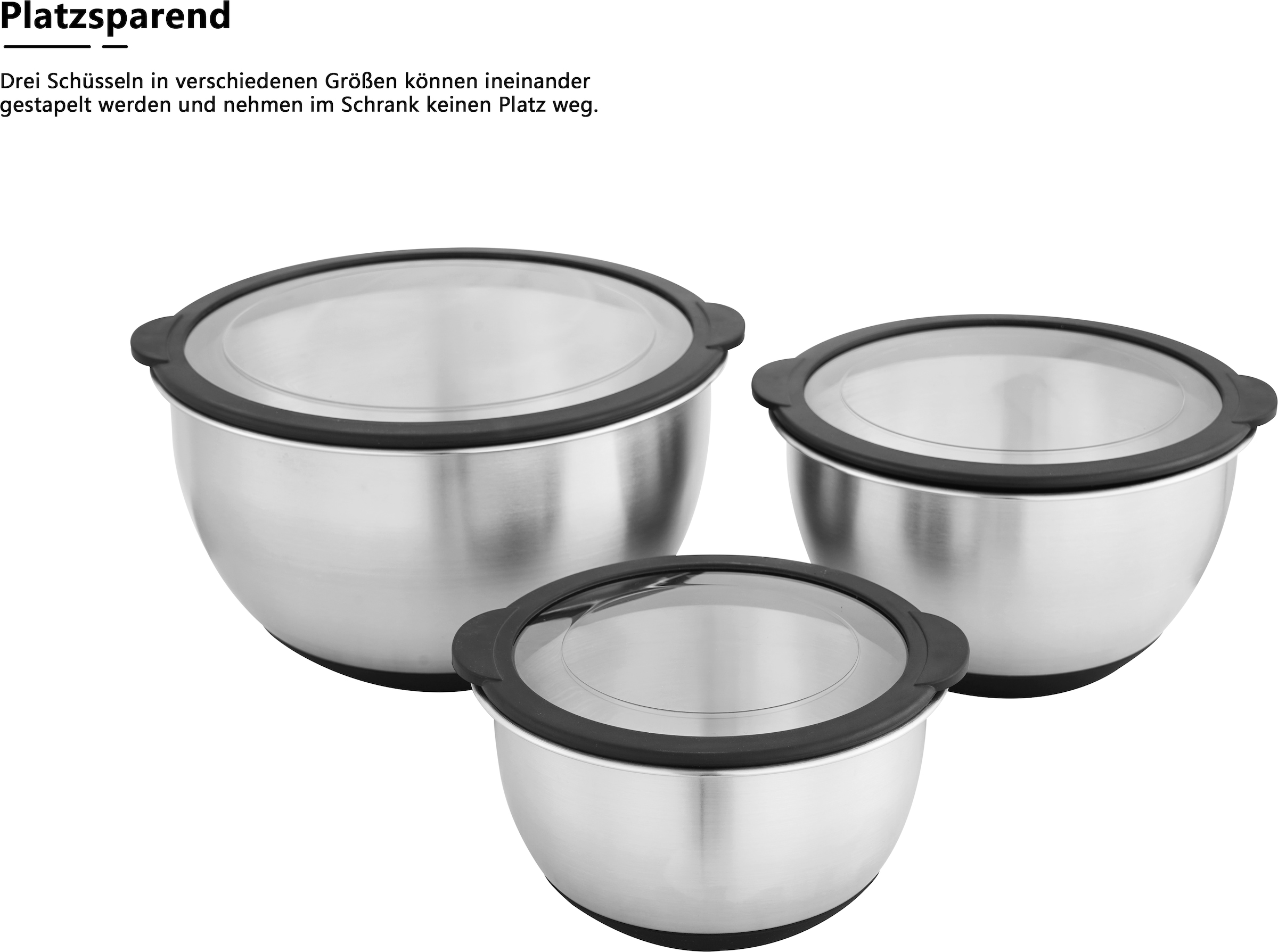 OTTO home Schüssel »Sissela, inkl. Deckel, Ø 14 / 18 / 22 cm« 3 aus Edelstahl 18/10 Ideal zum Zubereiten, Lagern und Servieren von Speisen