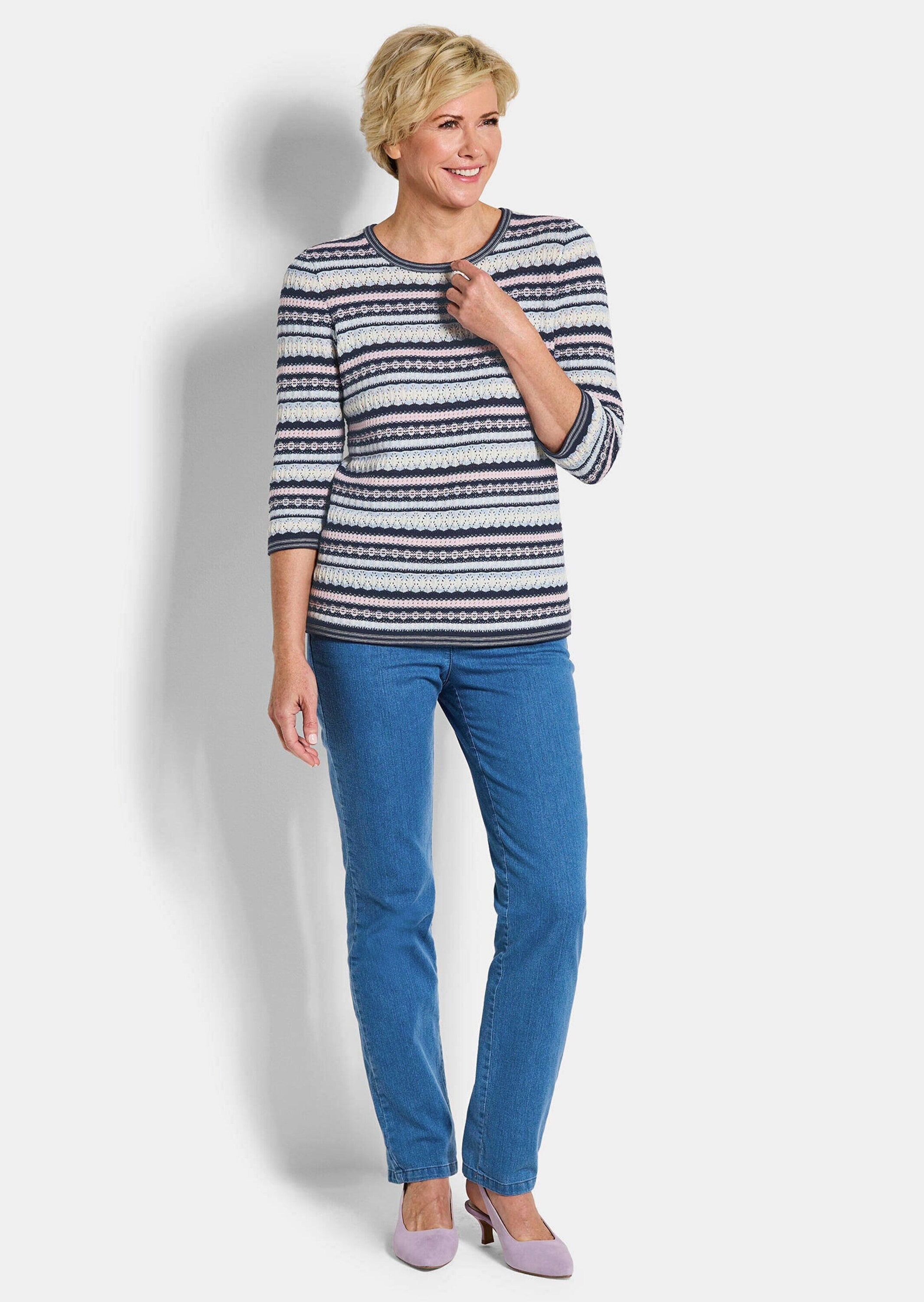 GOLDNER Rundhalspullover »Kurzgröße Strickpullover im Ringel-Look« aufwendigig gestrickter vielfarbiger Strick