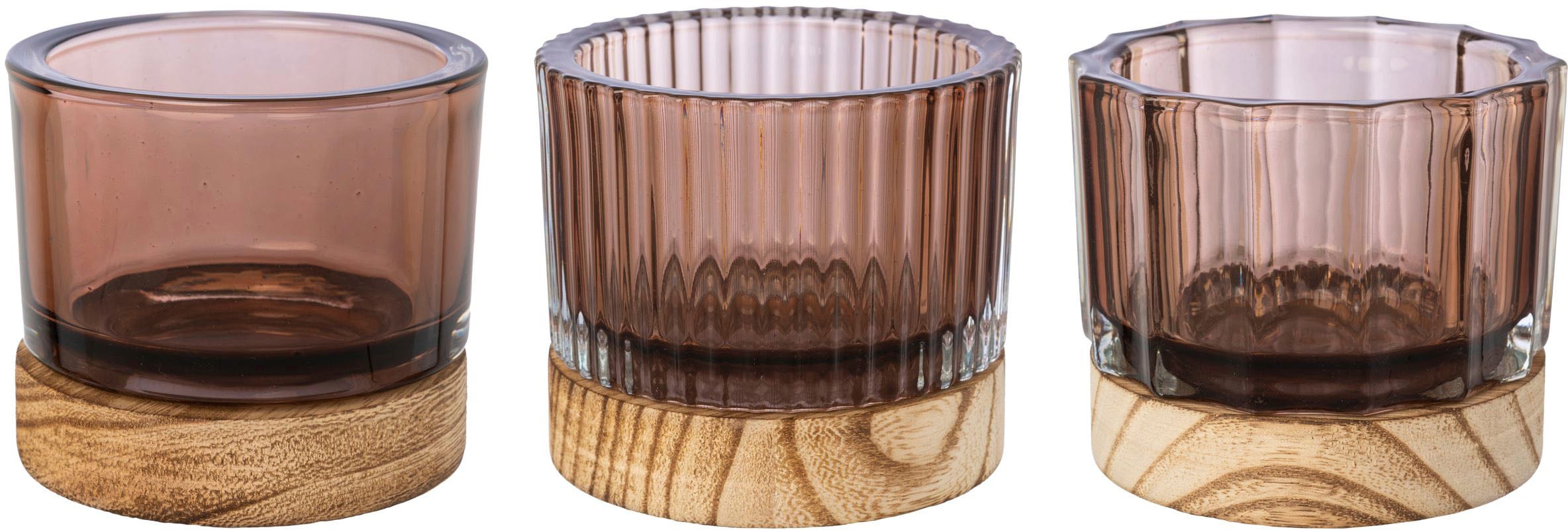 bestellen mit 3 Teelichthalter Windlicht Creativ St.), Glas, Holzfuß«, »Kerzenhalter aus | mit Oberflächenstrukturen 3 verschiedenen home BAUR (Set,