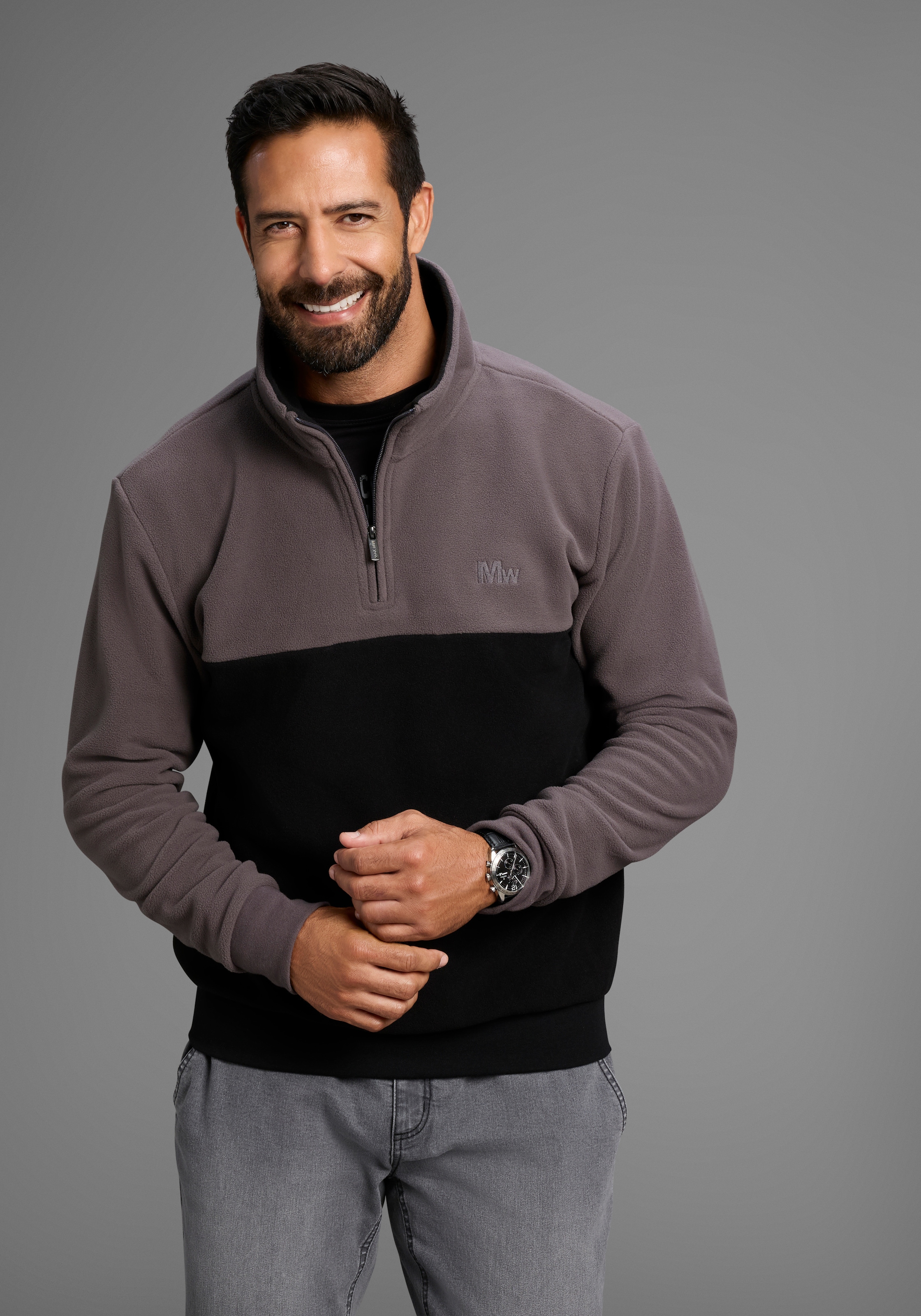 Mans World Fleecepullover, Troyer mit Kontrast-Part, ideal für den Übergang günstig online kaufen