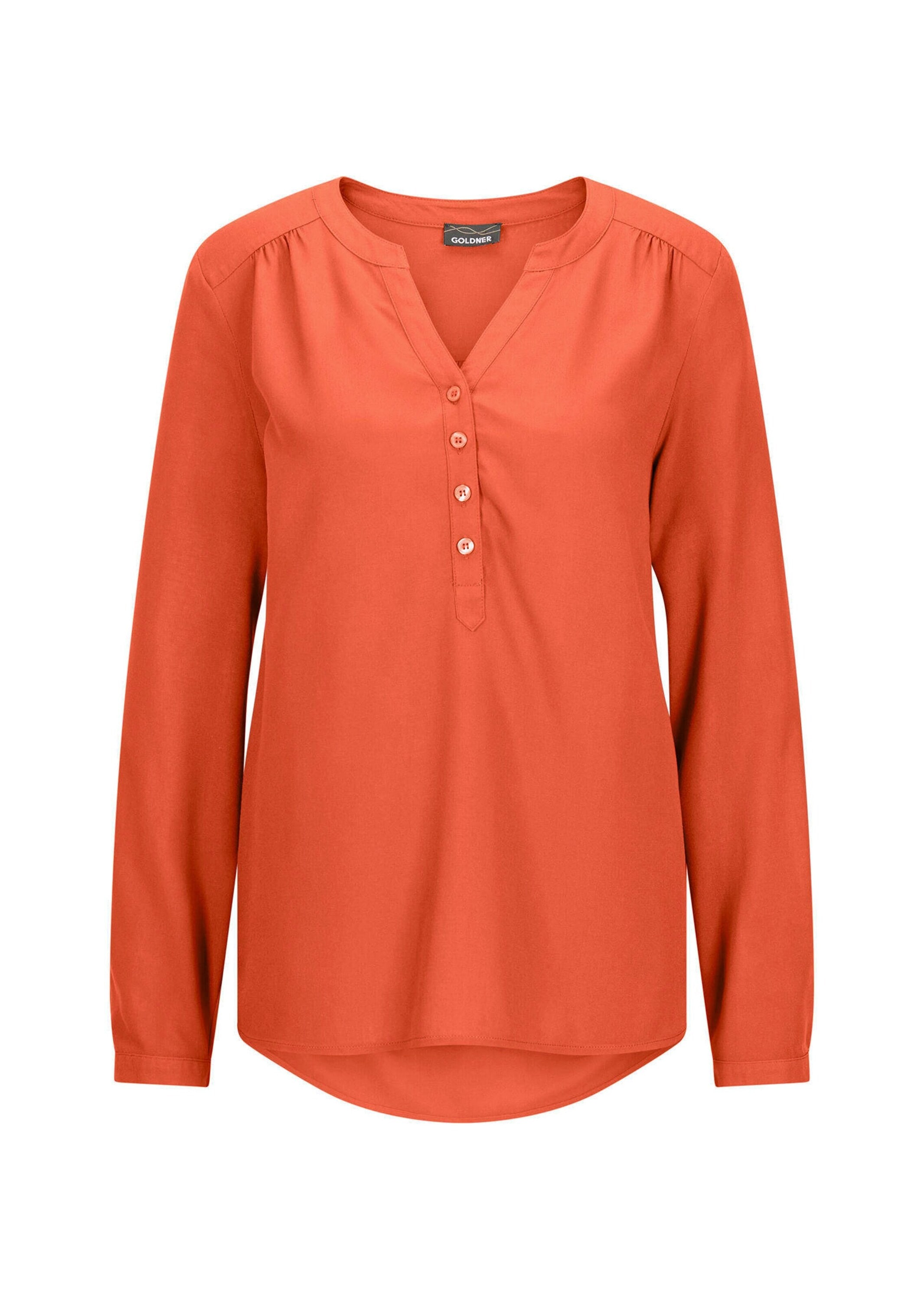 GOLDNER Damen Schlupfbluse "Kurzgröße Langarm Businessbluse mit V-Ausschnitt", orange, Gr. 24, Obermaterial: 100% Viskose CV., Blusen