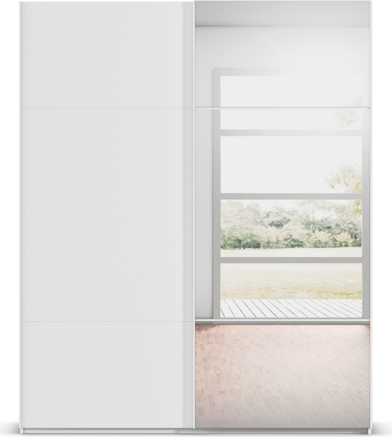 rauch Schwebetürenschrank »Kleiderschrank Schrank Garderobe Schlafzimmerschrank SCALE-TRIO«, edle dreigeteilte Front mit 2 Zierleisten und Spiegel MADE IN GERMANY