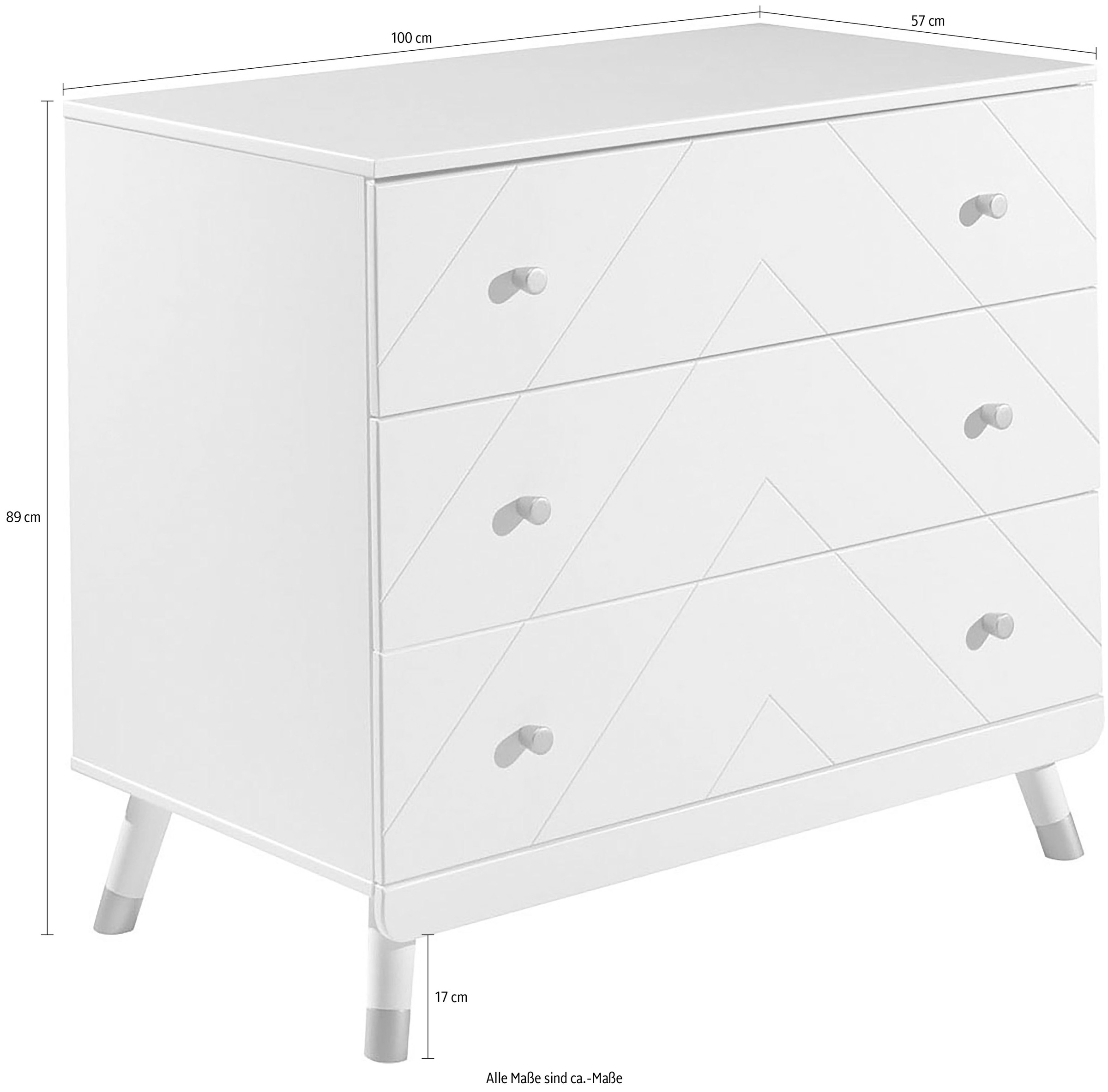Vipack Schubkastenkommode »Billy, mit 3 geräumigen Schubladen für viel Stauraum«, (B/H/T ca. 100x89x57cm, moderne Optik mit profilierter Front), Goldefarbene Knöpfe, der Korpus ist MDF weiß lackiert