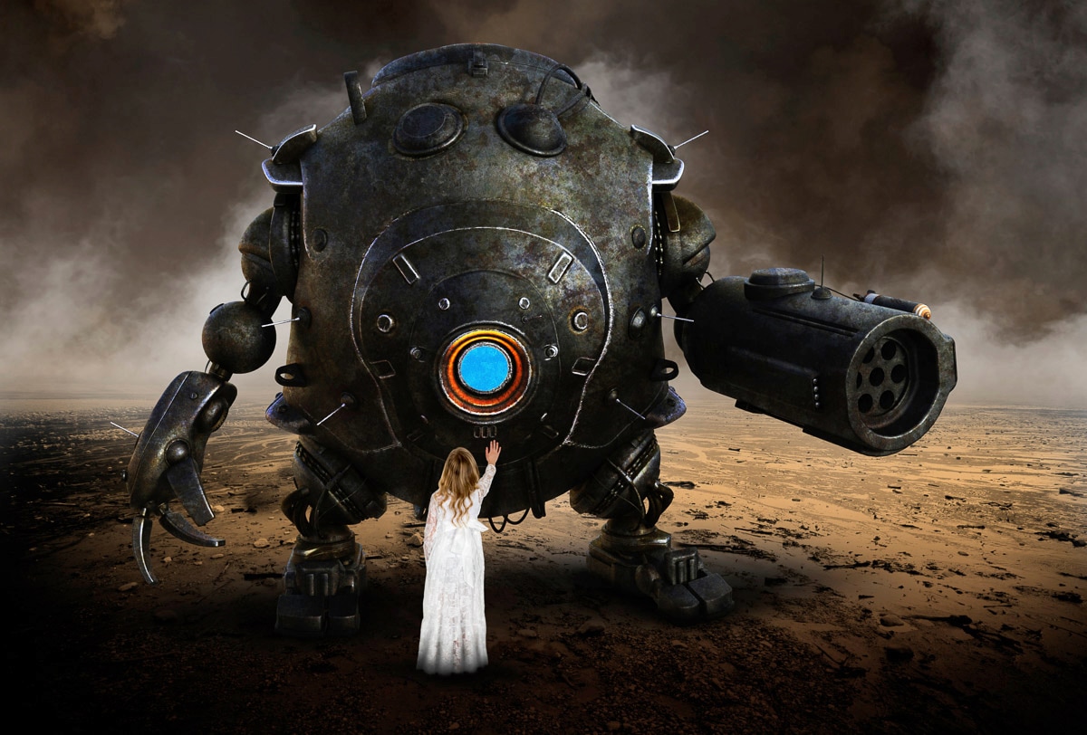 Papermoon Fototapete "Mädchen grüßt Roboterdroide"
