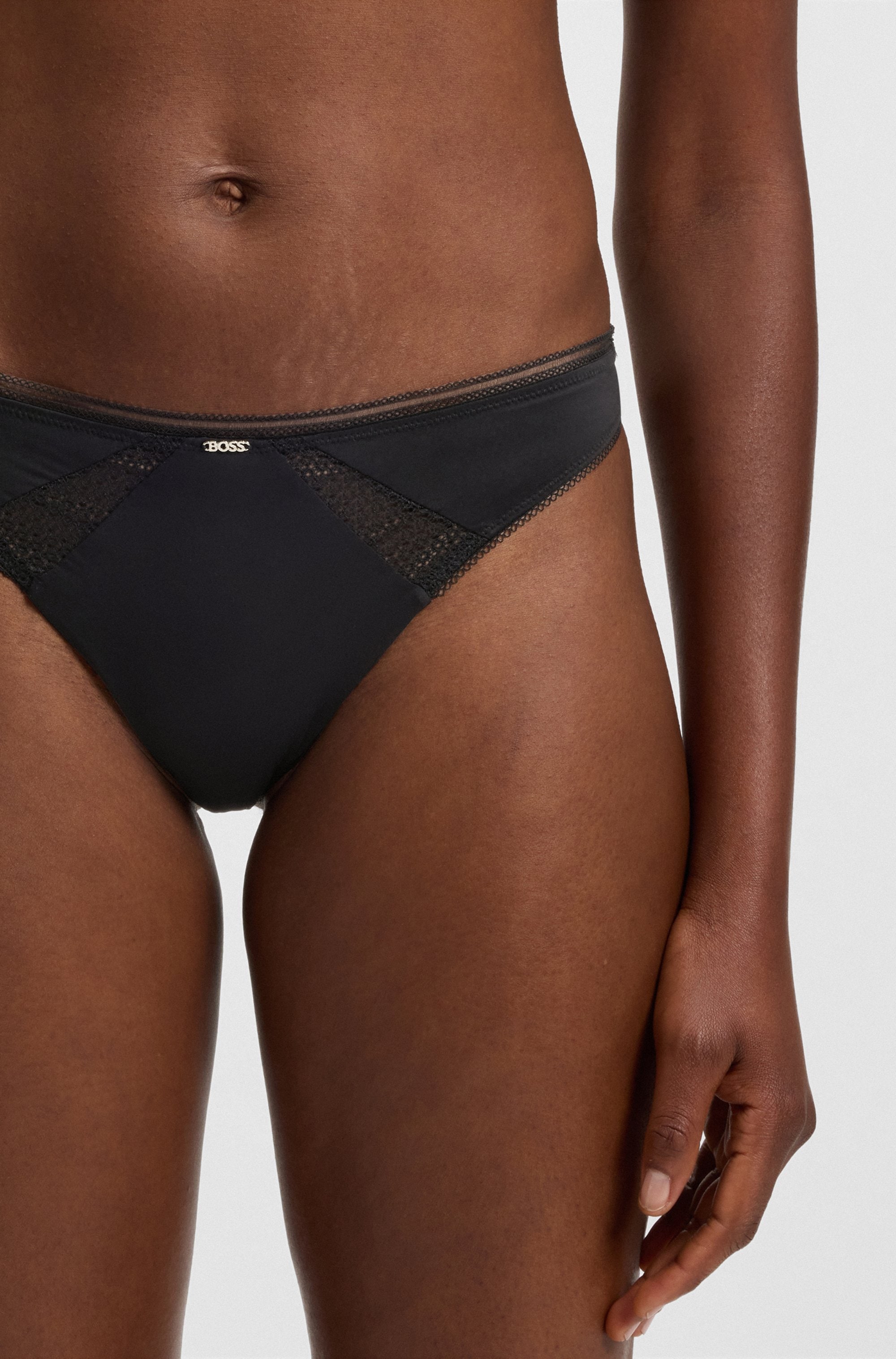 BOSS Damen String "Pure", Gr. XXLschwarz 001, Obermaterial: 75% Polyamid, 25% Elasthan, Unterhosen, körpernahe Form, mit Spitzeneinsatz