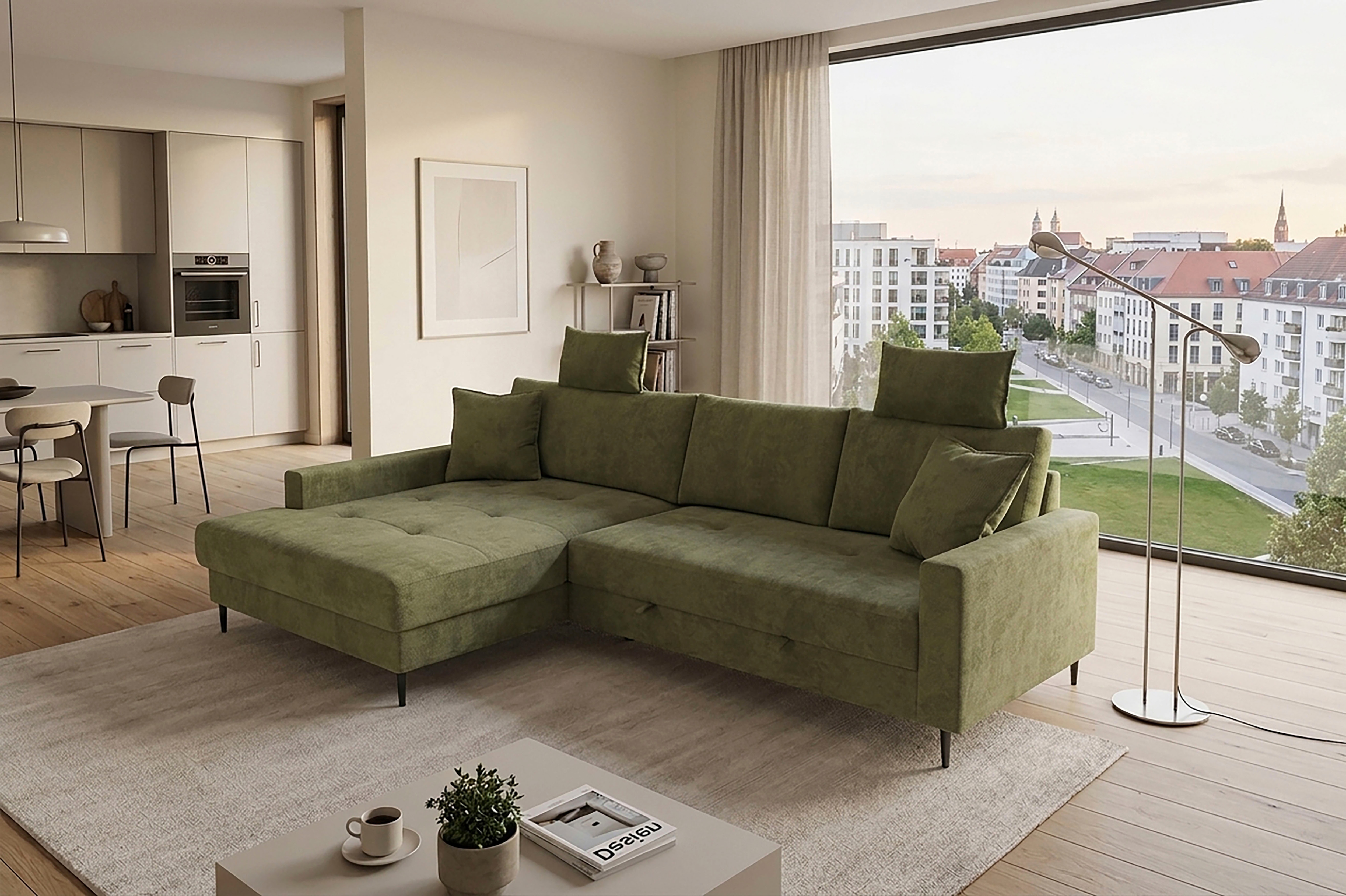 Trends by HG Ecksofa "Summer L-Form, B: 284 cm, Schlaffunktion, 2 Zierkissen" mit Kopfstützen, Wellenfederung, frei stellbar