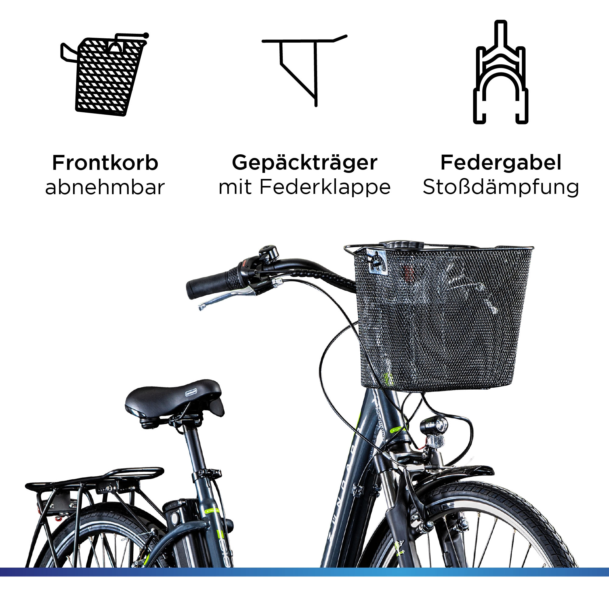 Zündapp E-Bike »Z510«, 3 Gang, Shimano, Nexus SC-3C41, Frontmotor 250 W, (mit Frontkorb), Pedelec, Elektrofahrrad für Damen u. Herren