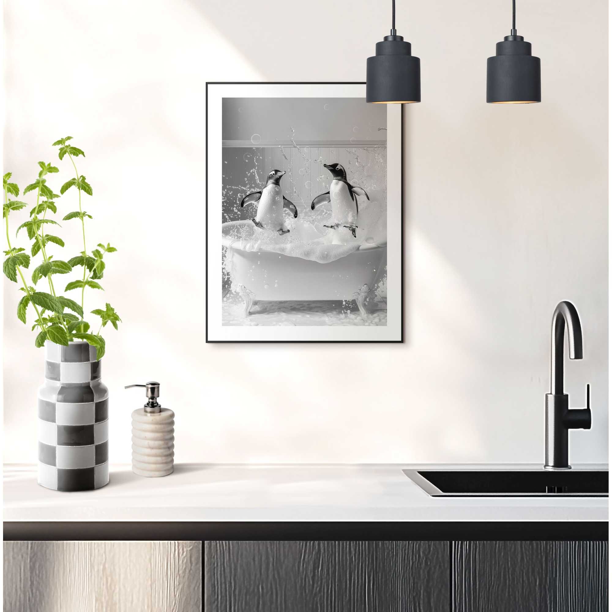 Reinders! Poster »Penguin Splash«, Toilette - Schwarz-Weiß - MDF - Tiere - 30x40 cm