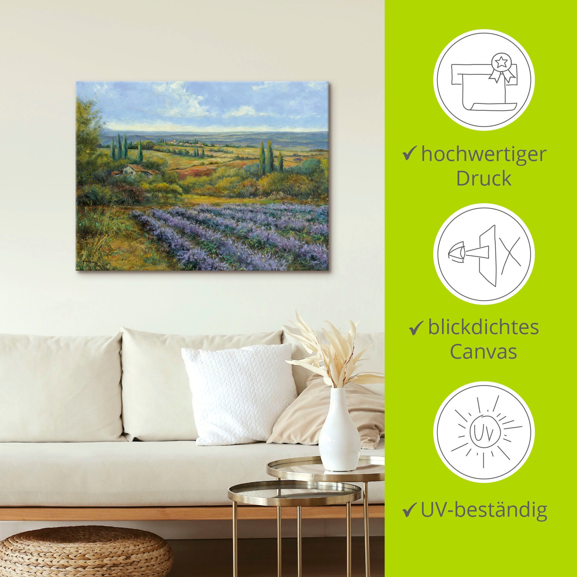 ARTLAND Leinwandbild Lavendelfelder in der Provence Blau 80x60cm 3