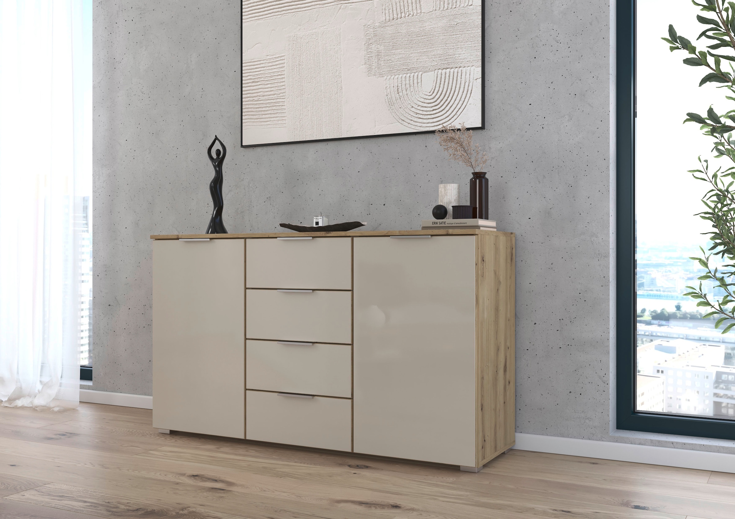 rauch Kombikommode »Sideboard Kombikommode Schubladenkommode AGORDO mit Glasfront«, (in zwei Griff-Farben, Breite 120 cm), vier große Schubladen, mit insgesamt 4 Einlegeböden MADE IN GERMANY