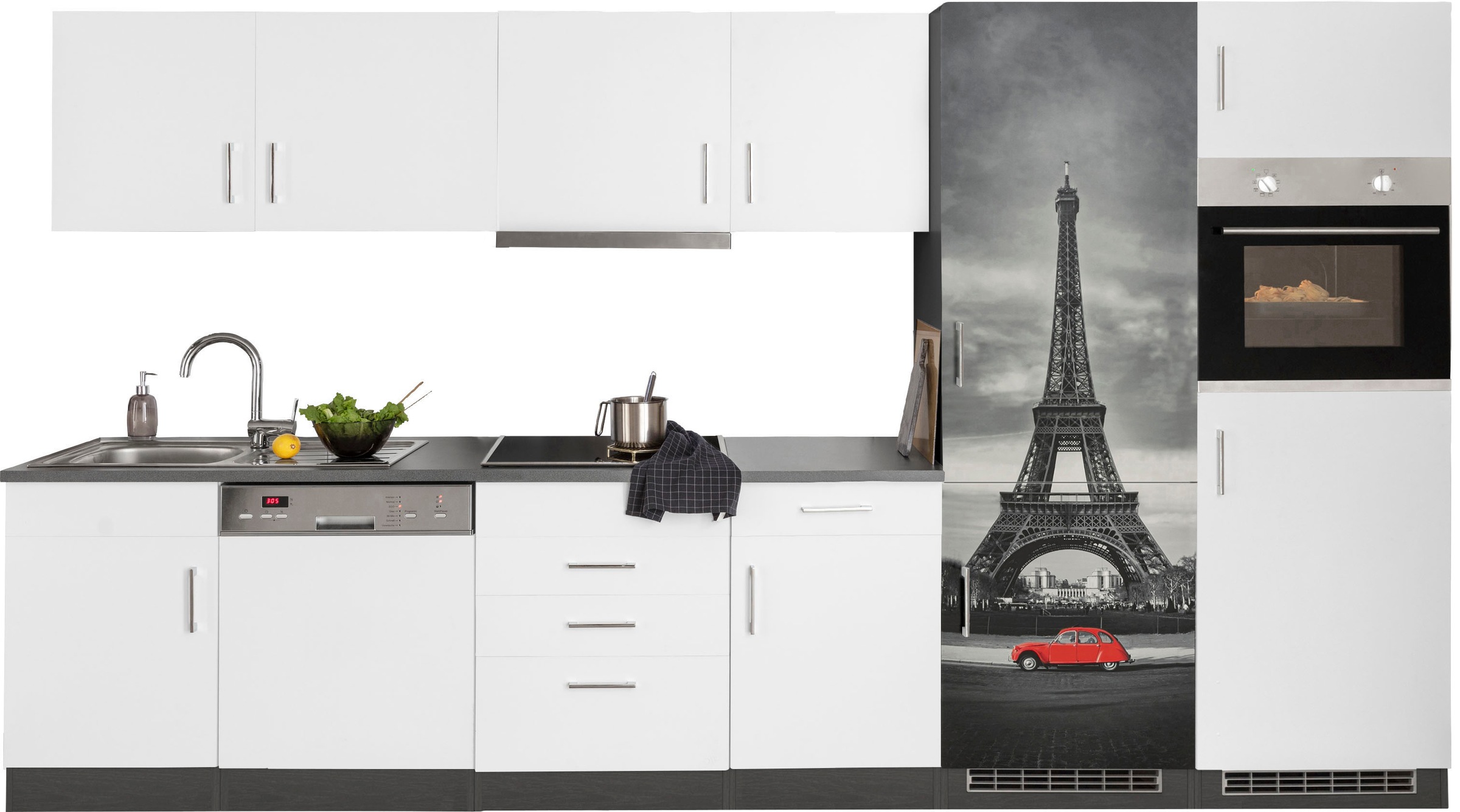 KOCHSTATION Küchenzeile "KS-Paris - Küchen mit einzigartigen Fotomotiven auf den Fronten" Breite 340 cm, wahlweise mit E-Geräten und Induktion
