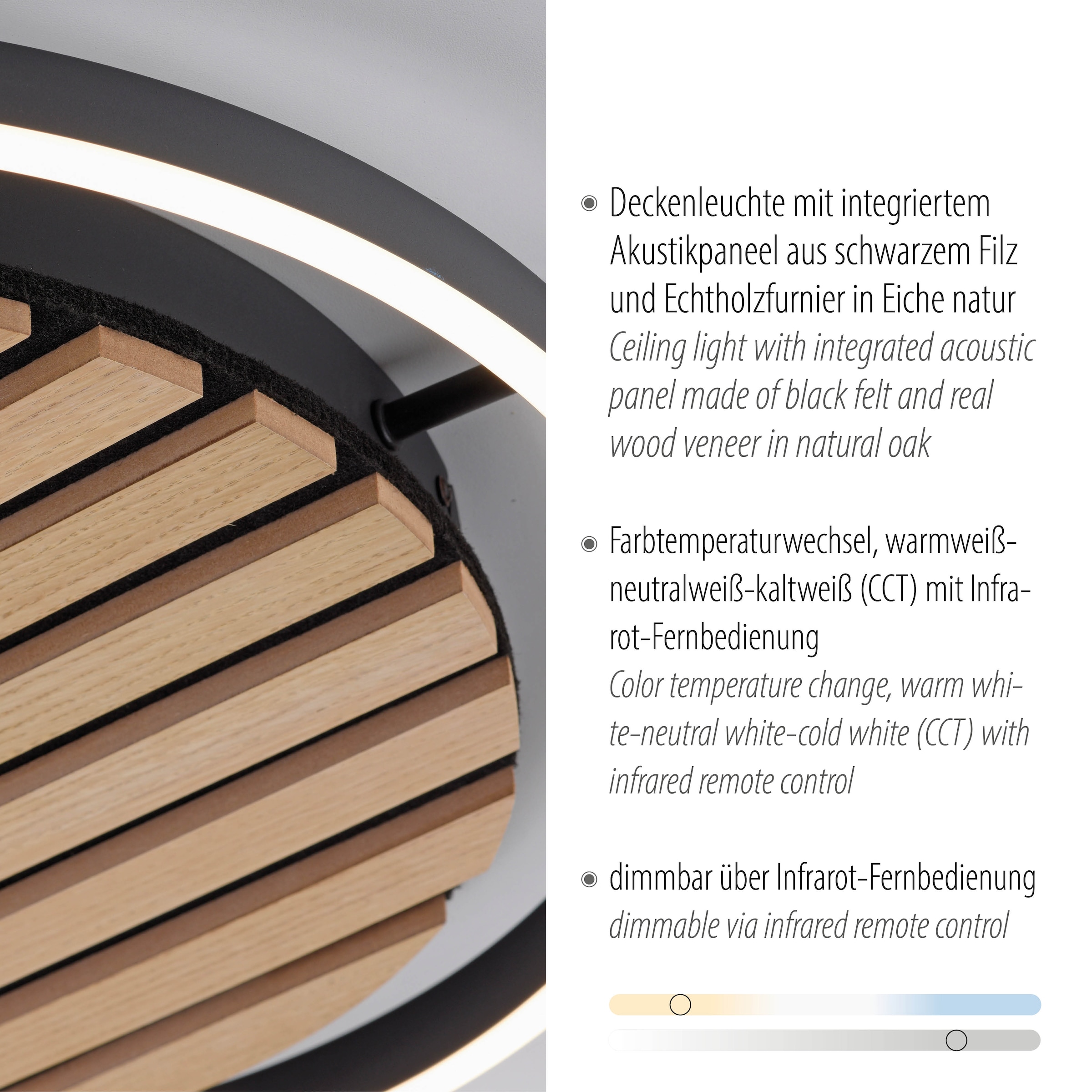 Leonique Deckenleuchte »Brialeen - Akustikpaneele«, 1 flammig, Leuchtmittel LED-Board | LED fest integriert, Akustikpaneel, CCT, Deckenlampe, Akustik, Holz, Paneele, Fernbedienung