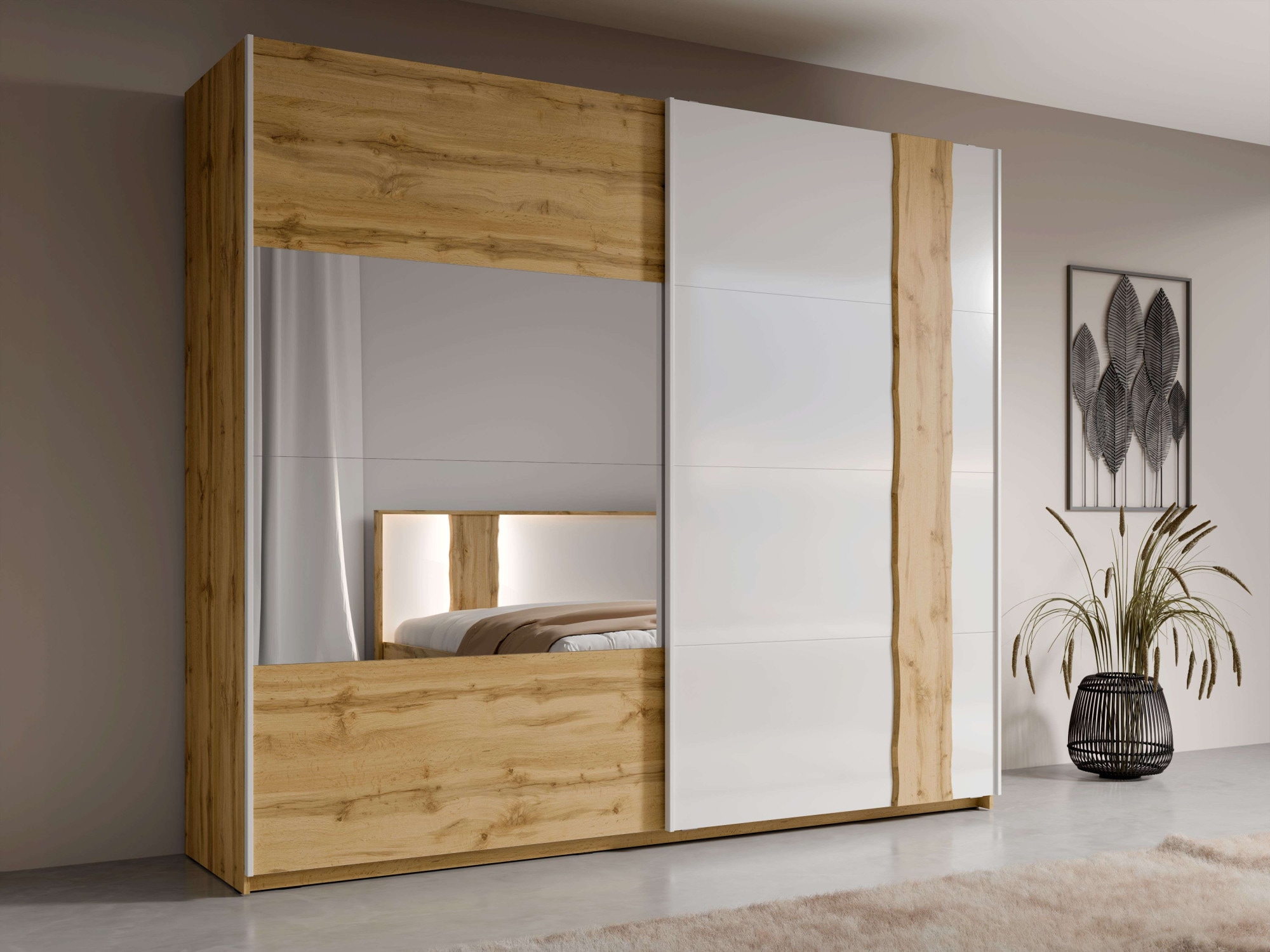 OTTO home Kleiderschrank "Fabellaa mit Spiegel, 8 Einlegeböden und 2 Kleiderstange" Garderobe mit 2 Schwebetüren und Spiegel, BxHxT 200x218x66,5 cm
