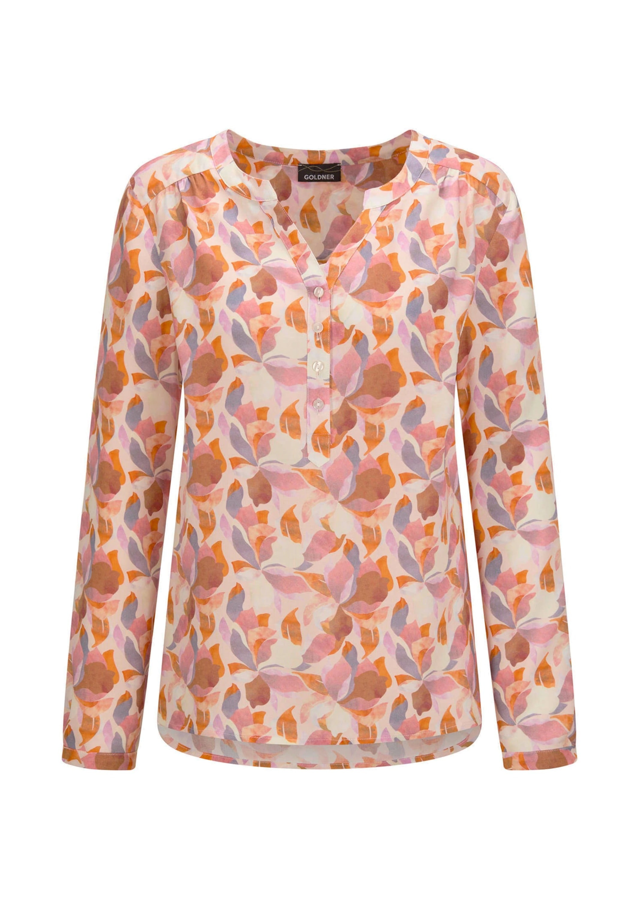 Schlupfbluse GOLDNER "Kurzgröße Florale Druckbluse mit V-Ausschnitt", Damen, Gr. 25, orange (orange, gemustert), Obermaterial: 100% Viskose CV., Modisch, normales Bündchen, Blusen Schlupfbluse, Knopfleiste