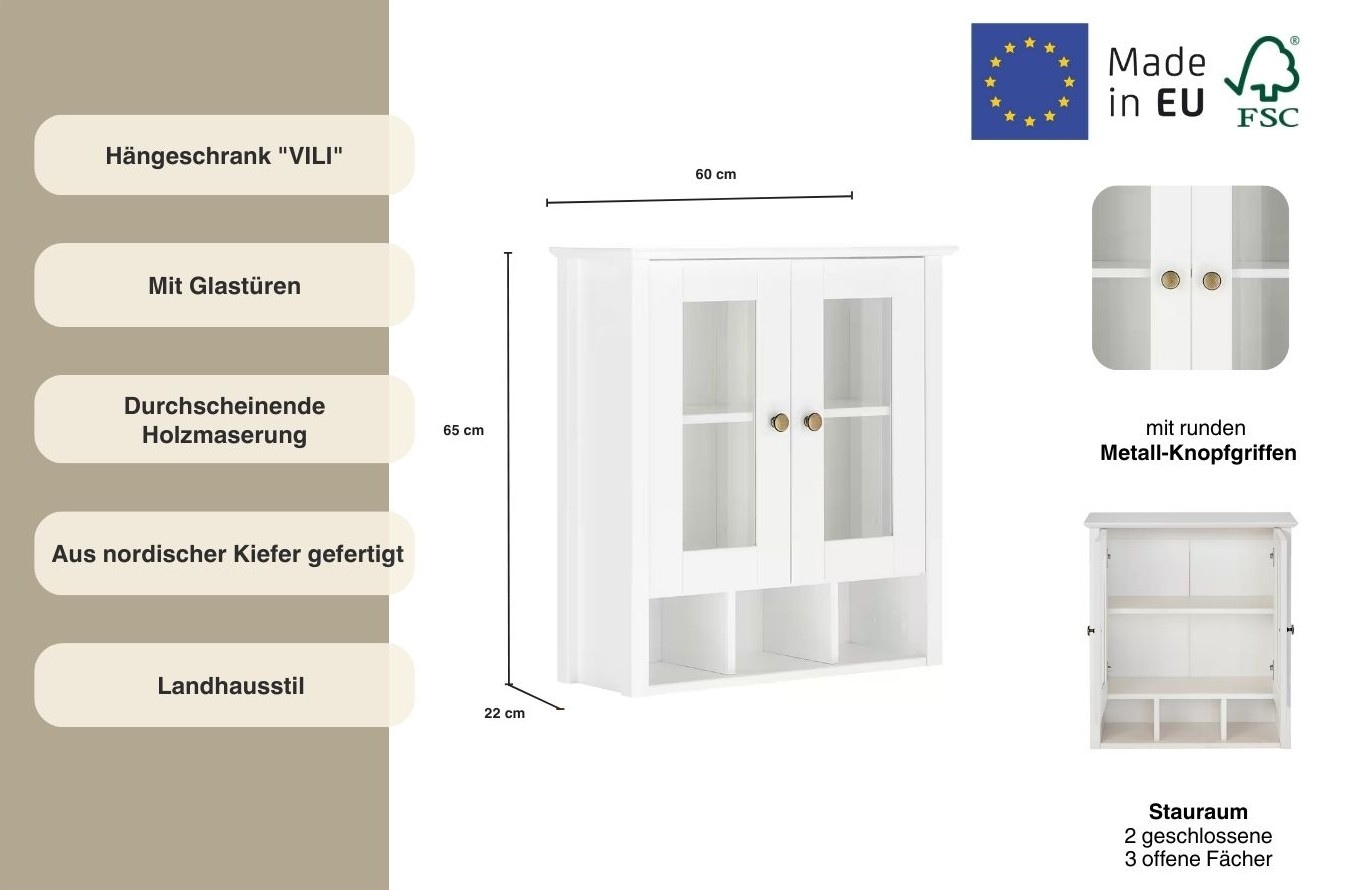 Home affaire Hängeschrank »Vili«, Badezimmerschrank, mit Glastüren, Breite 60 cm, aus Massivholz