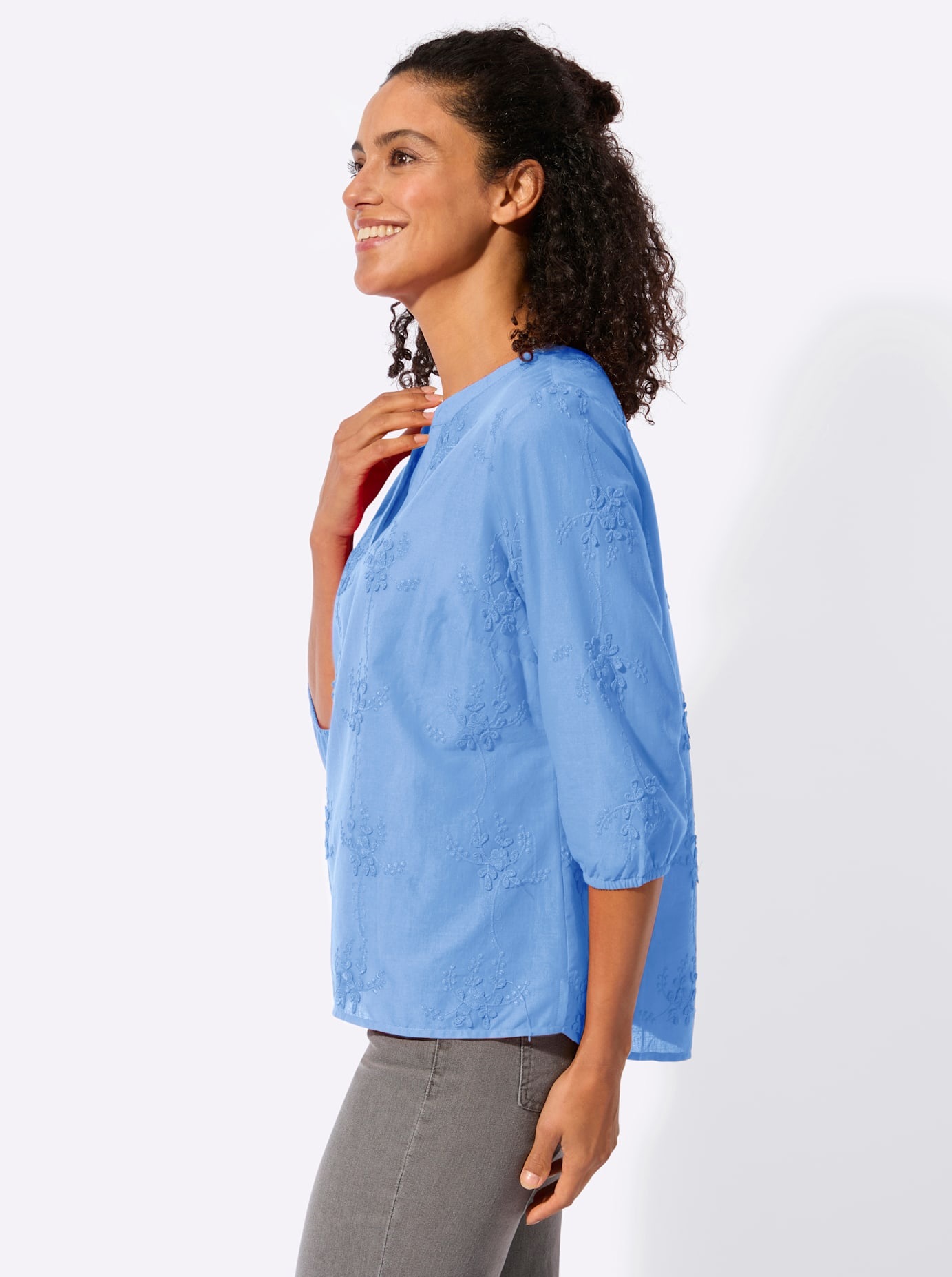 Schlupfbluse INSPIRATIONEN, Damen, Gr. 54, himmelblau, 100% Baumwolle, unifarben, V-Ausschnitt, Blusen Schlupfbluse 3