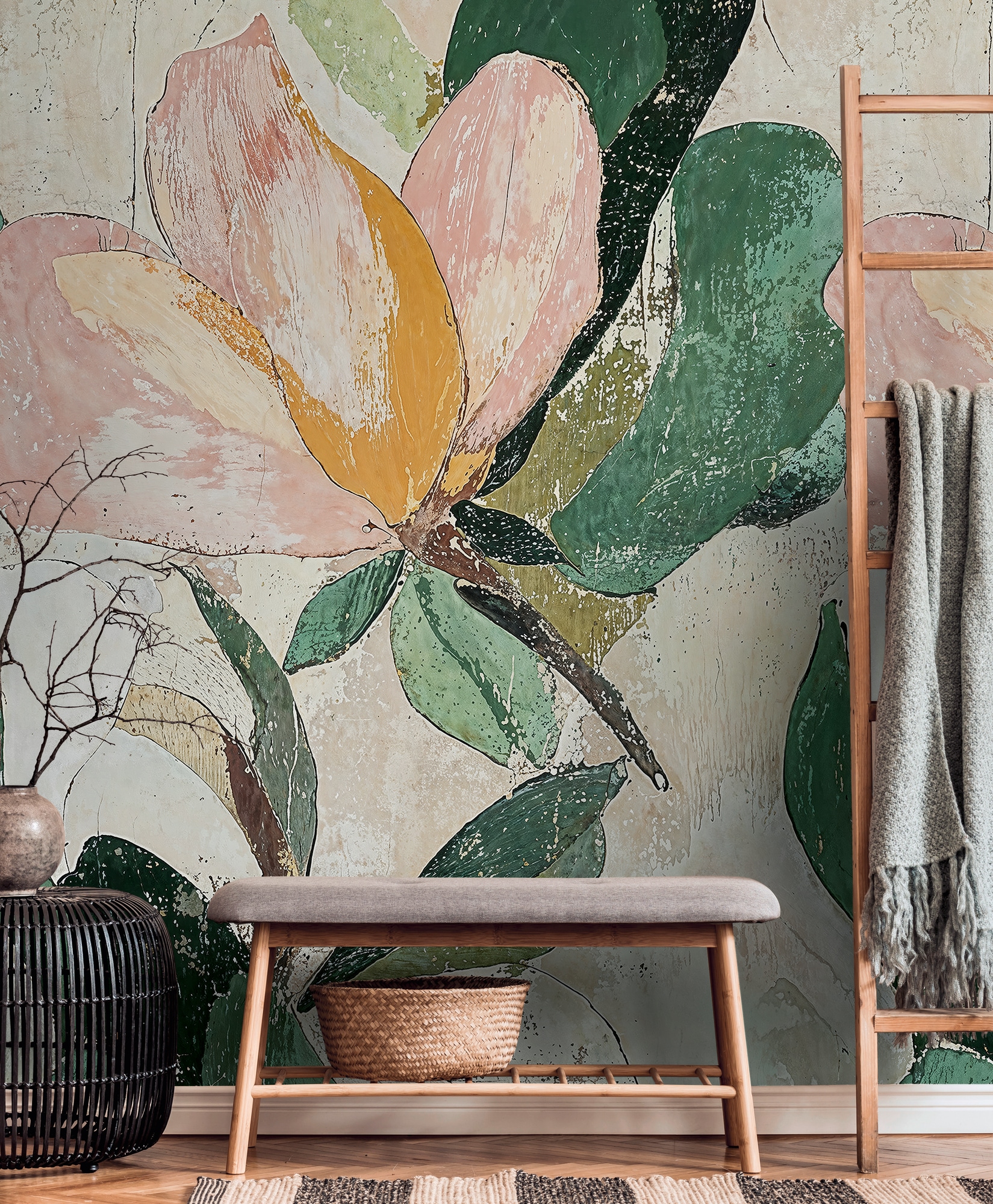 CosmoLiving by Cosmopolitan "Lush Blossom Fototapete erweiterbar" matt strukturiert Florales Design im künstlerischen Used-Look