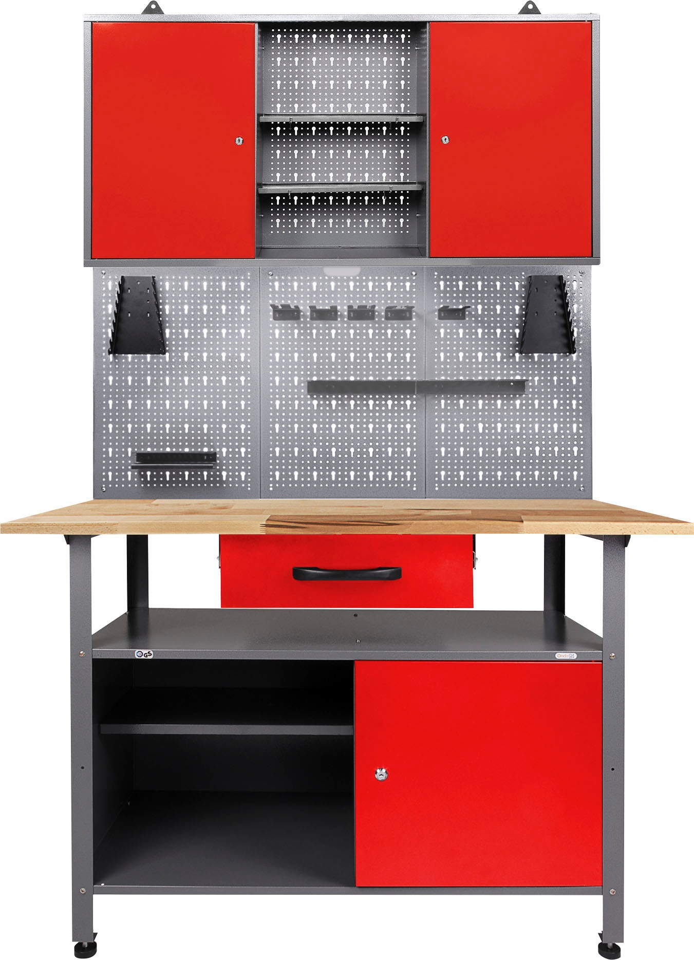 ONDIS24 Werkstatt-Set, B:120cm H:205cm T:60cm, rot, Werkbänke, 120 cm, mit LED