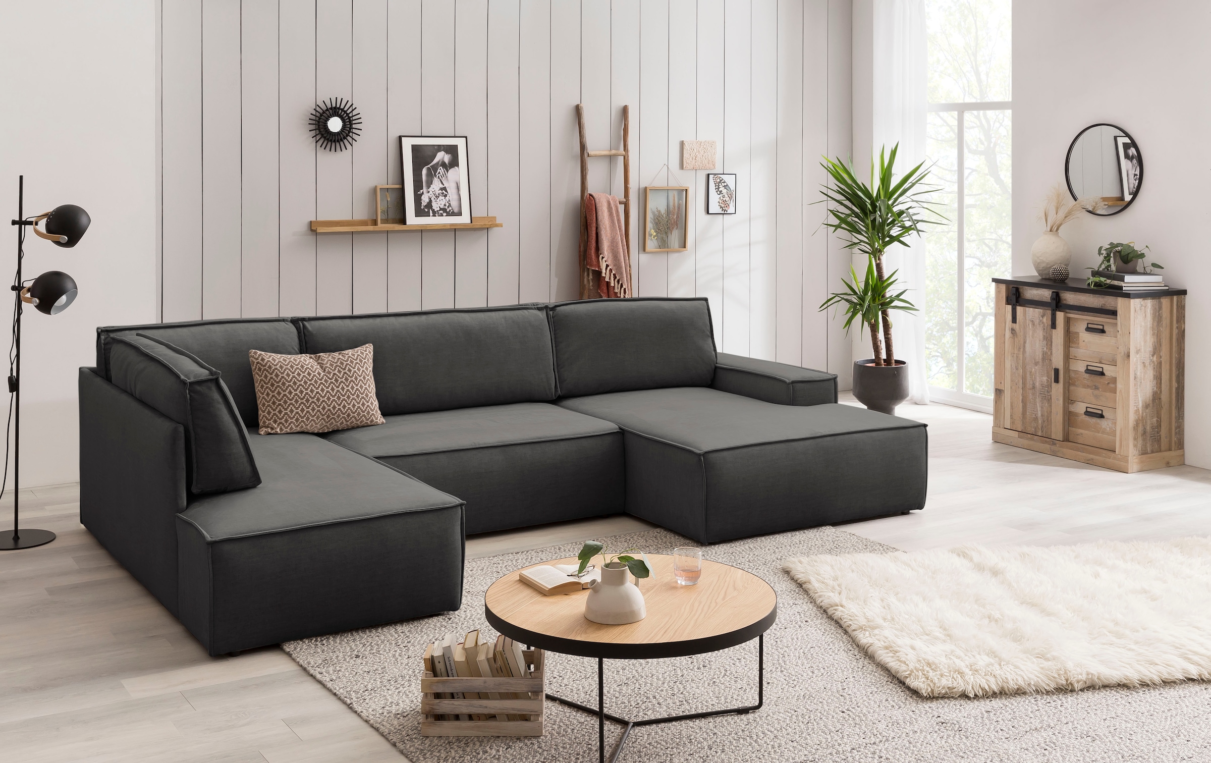 Home affaire Wohnlandschaft »SHERWOOD 329 cm, U-Form, Schlafsofa,«, Schlaffunktion m. Bettkasten (194x139 cm), Cord, Vintage, Samtvelours