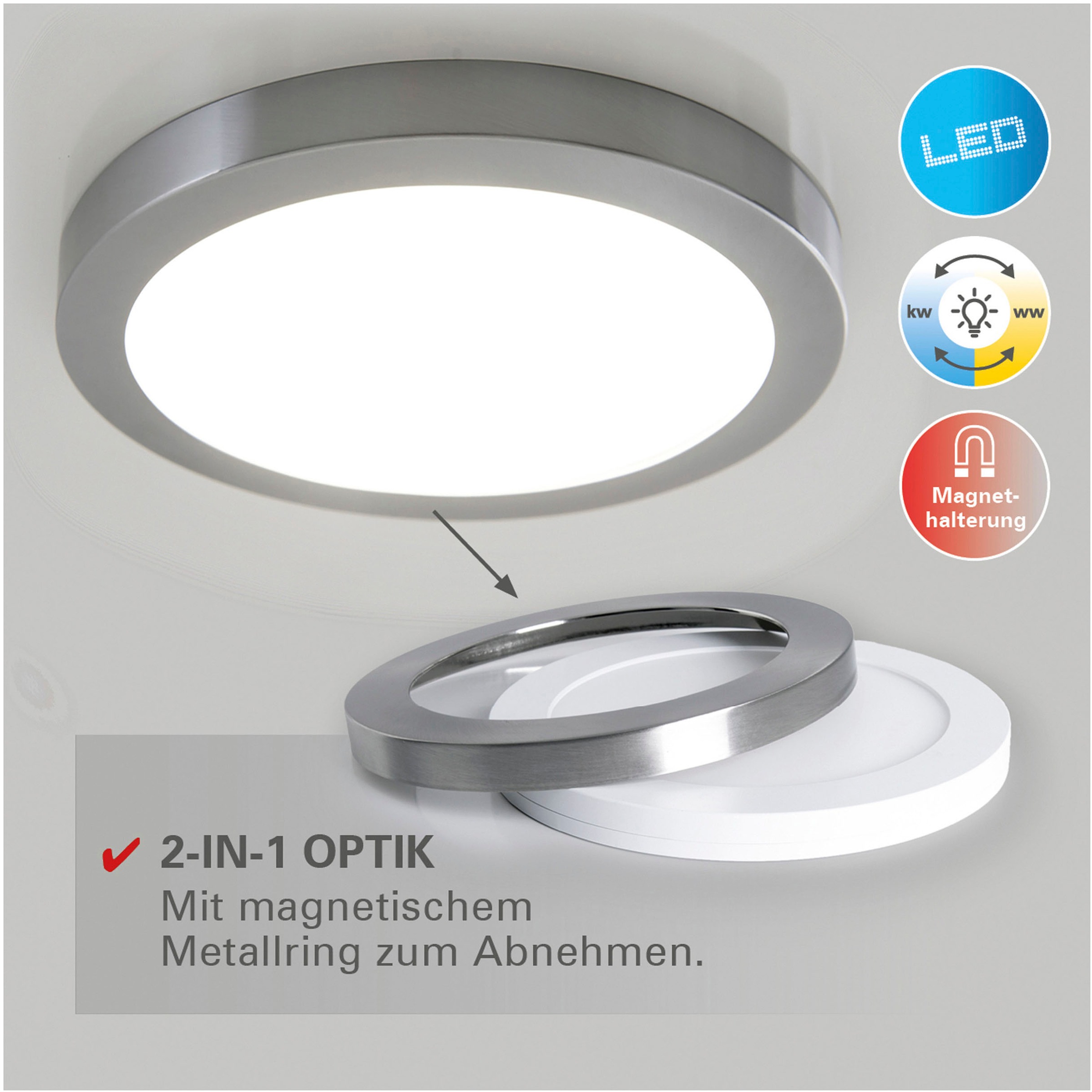 näve LED Deckenleuchte »Bonus«, 1 flammig, Leuchtmittel LED-Modul | LED fest integriert, 4 Lichtfarben, 2-in-1-Optik,Ring chrome magetisch abnehmbar