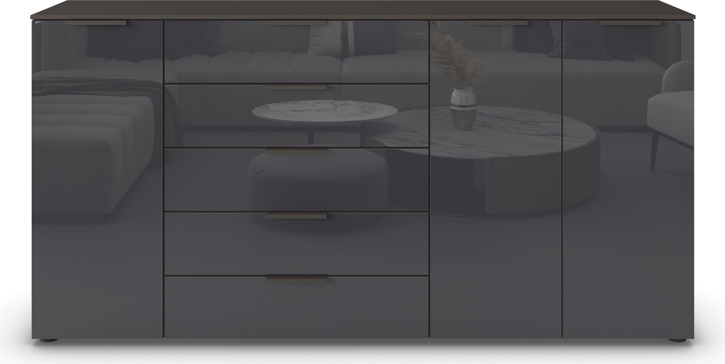 rauch Kombikommode »Kommode Türkommode Sideboard Kombikommode FLIPP mit Glasfront«, (Breite 200 cm mit 4 Einlegeböden), 3-türig mit 5 Schubladen und Soft-Close-Funktion sowie Glasfront