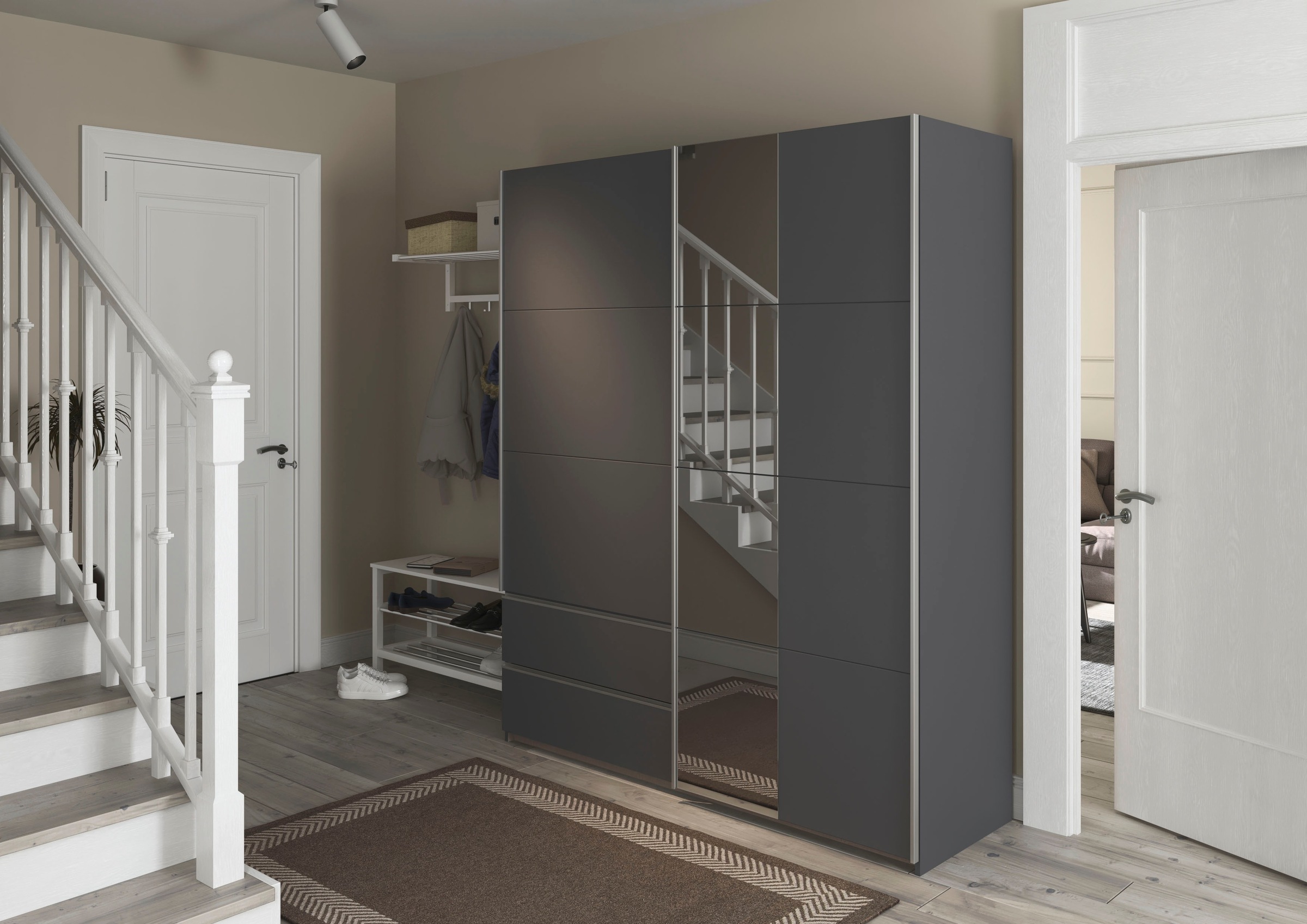 rauch Schwebetürenschrank »Kleiderschrank Schrank Garderobe Wäscheschrank SEVILLA mit Spiegel«, (in 3 verschiedenen Ausstattungen BASIC/CLASSIC/PREMIUM), Metall-Griffleisten alufarben oder Graumetallic MADE IN GERMANY