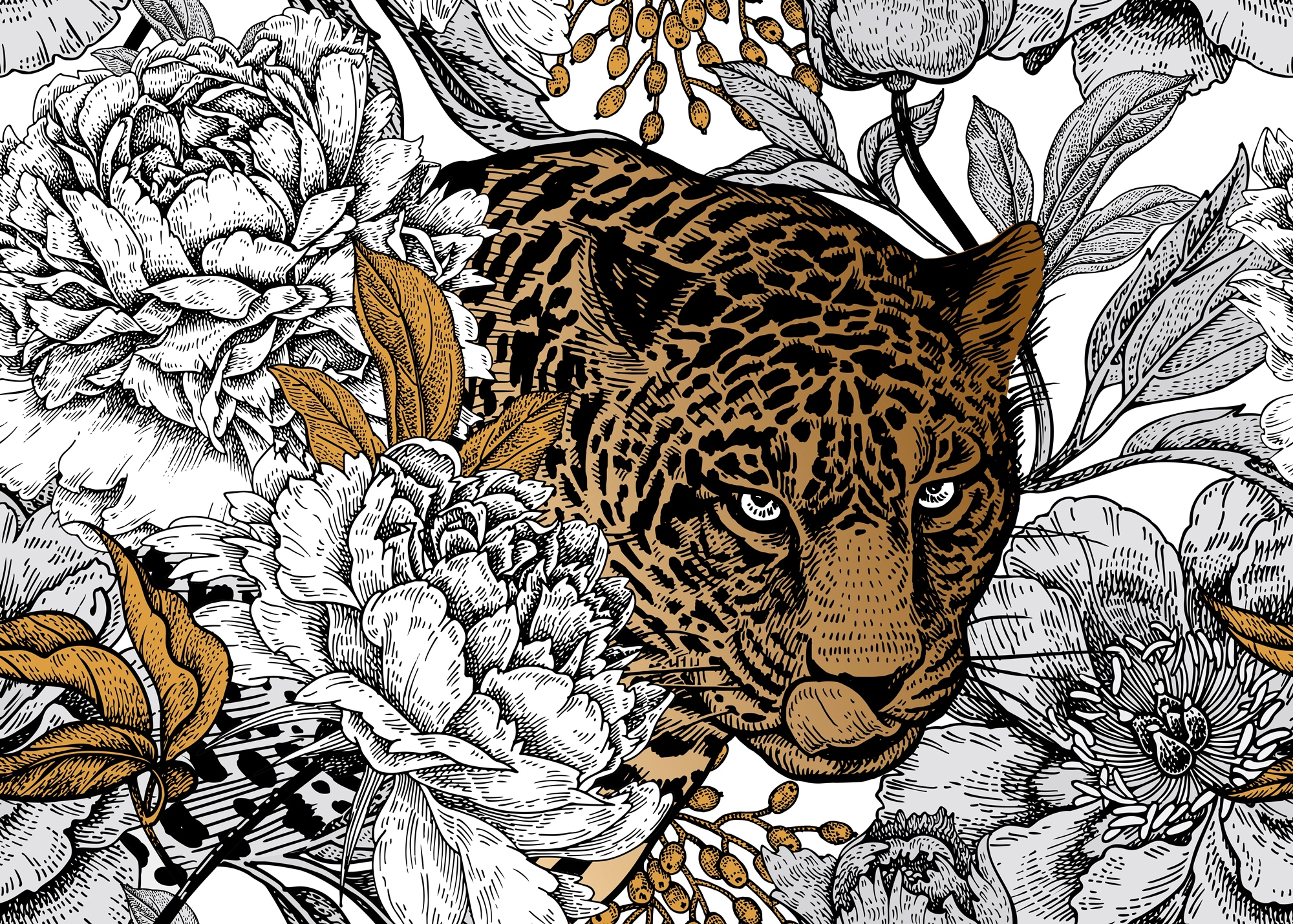 Papermoon Fototapete "ABSTRAKT DESIGN-LEOPARD mit Blumen"