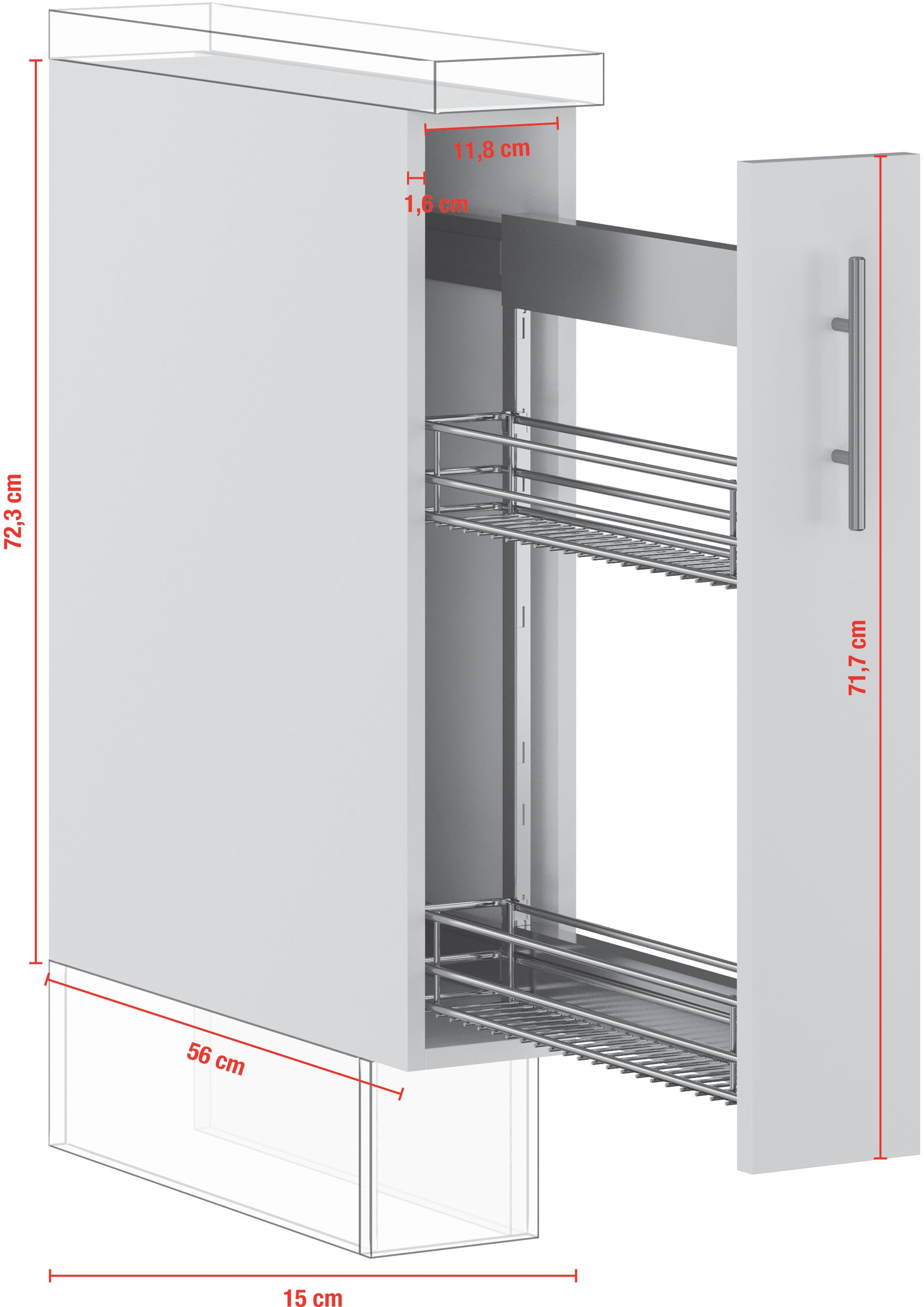 IMPULS KÜCHEN Auszugsunterschrank »"Prag und Valencia", Breite/Höhe: 15/72,3 cm, mit Soft-Close«, vormontiert, mit Auszug, mit Körben