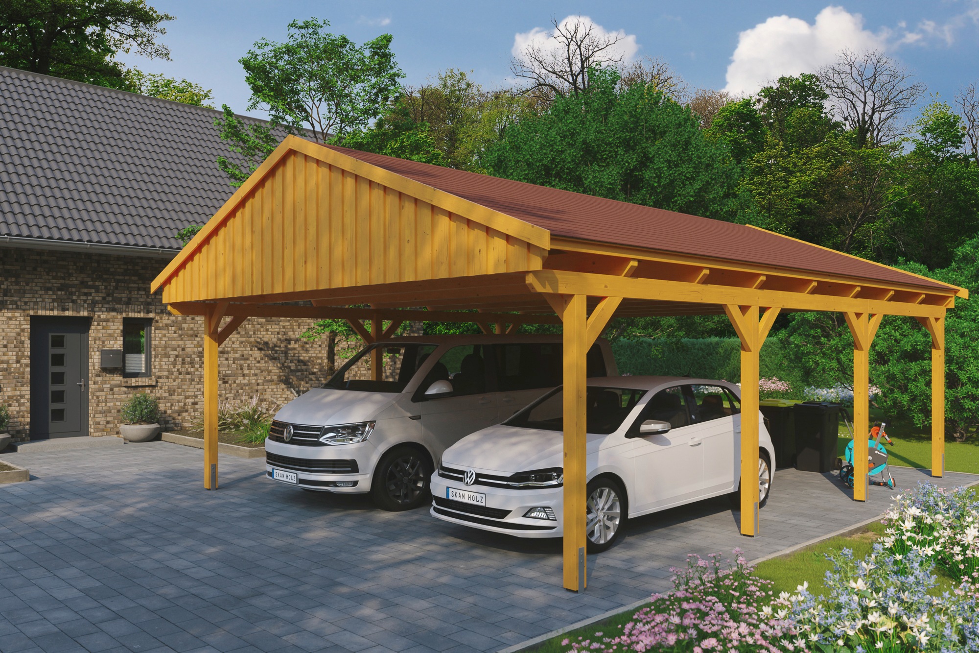 Doppelcarport SKANHOLZ, braun, Carports, "Fichtelberg", mit roten Schindeln