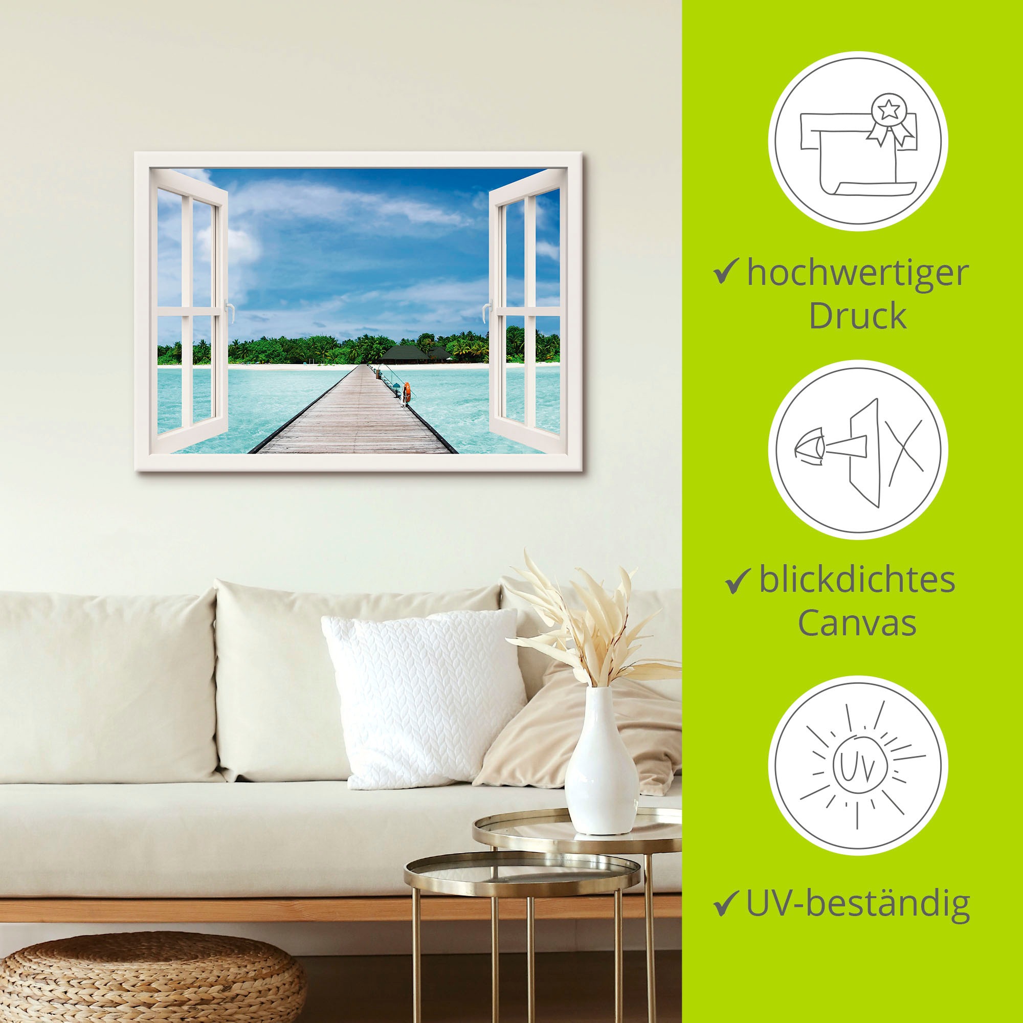 Artland Wandbild »Fensterblick maledivischen Paradies«, Fensterblick, (1 St.), als Leinwandbild, Poster, Wandaufkleber in verschied. Größen