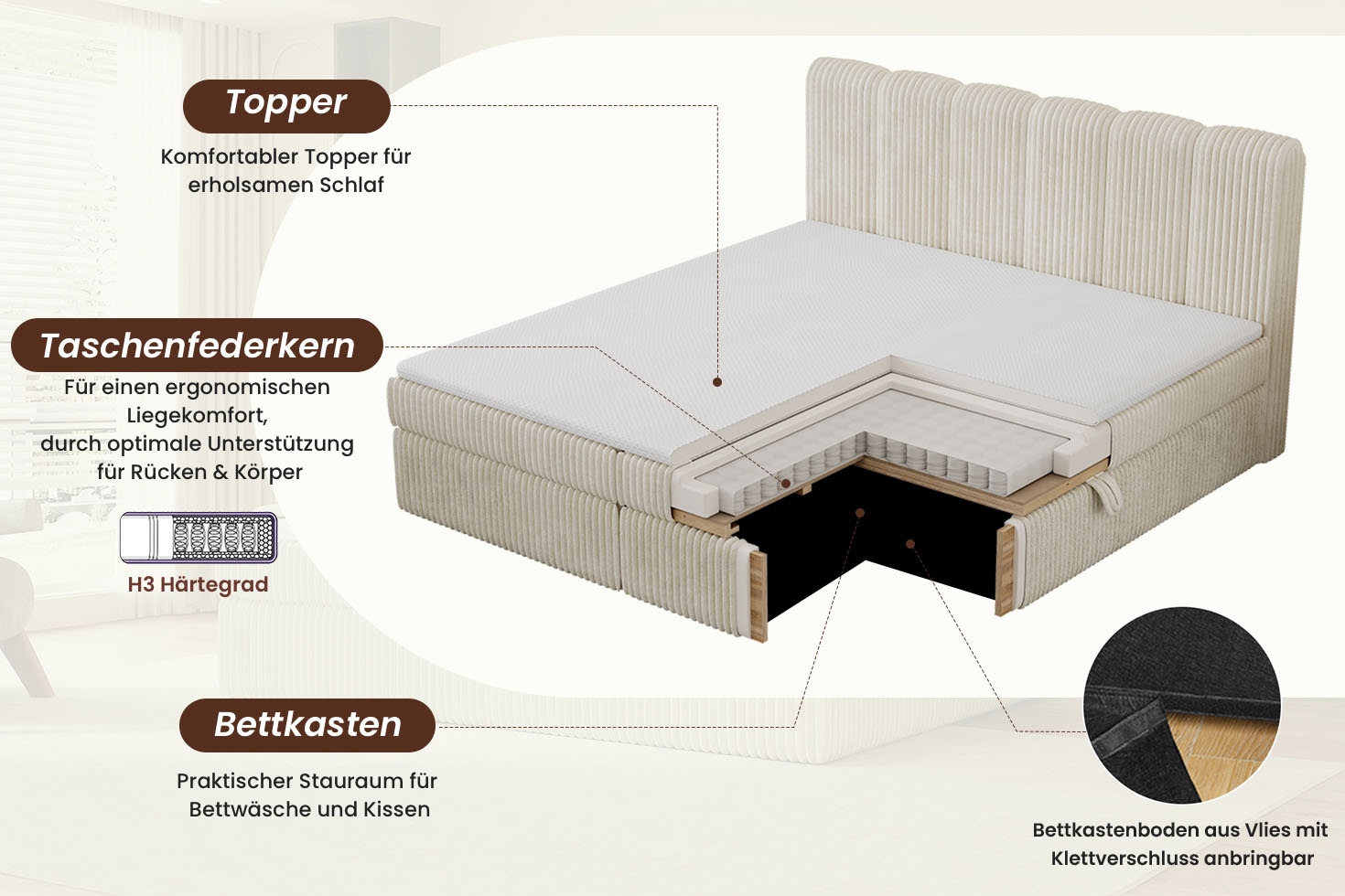 OTTO home Boxbett »SIVVA in der Breite 180cm, flauschiger Breitcord, Farbe: cream« inkl. Taschenfederkernmatratze (H3) & Topper (4cm)