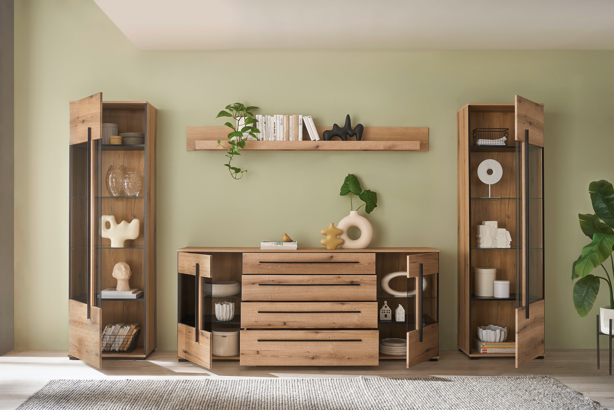 INOSIGN Wohnwand »Cantara, moderne Anbauwand, Wohnzimmer-Set, in Eiche Evoke oder Weiß«, (Set), enthält zwei Vitrinen, ein Sideboard und ein Wandboard
