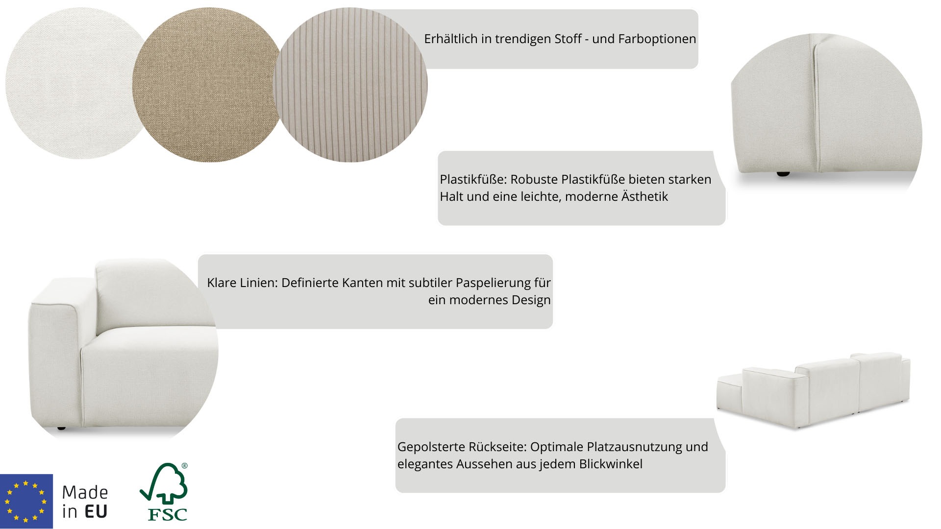Thumbnail - andas Ecksofa "Noord mit Kedernaht, Breite 234 cm, L-Form" mit Kedernaht, Breite 234 cm, Cord, Struktur, Webstoff