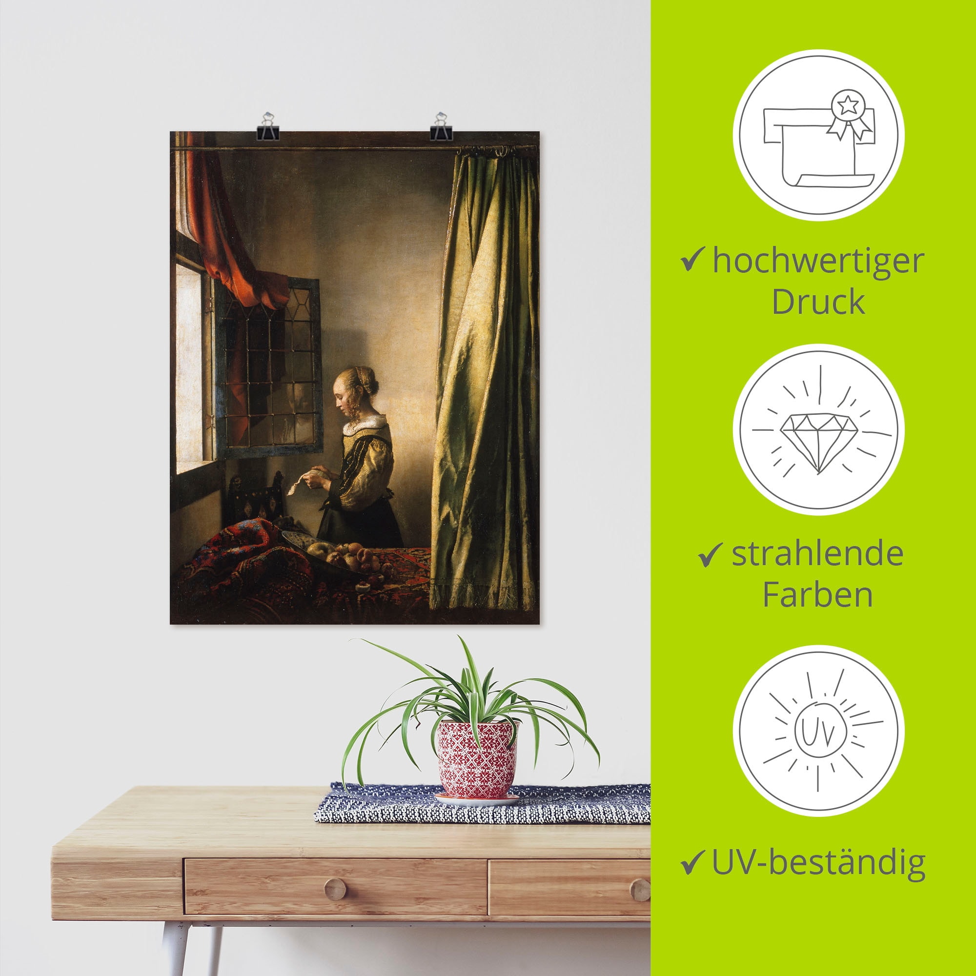 Artland Wandbild »Briefleserin am offenen Fenster. Um 1658«, Frau, (1 St.), als Leinwandbild, Poster, Wandaufkleber in verschied. Größen