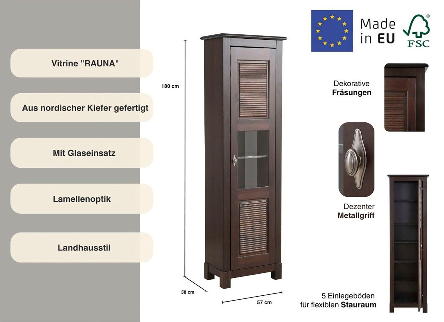 Thumbnail - Home affaire Vitrine "Rauna Vitrinenschrank, Stauraumchrank" Höhe 180 cm, aus massiver Kiefer, FSC-zertifiziert