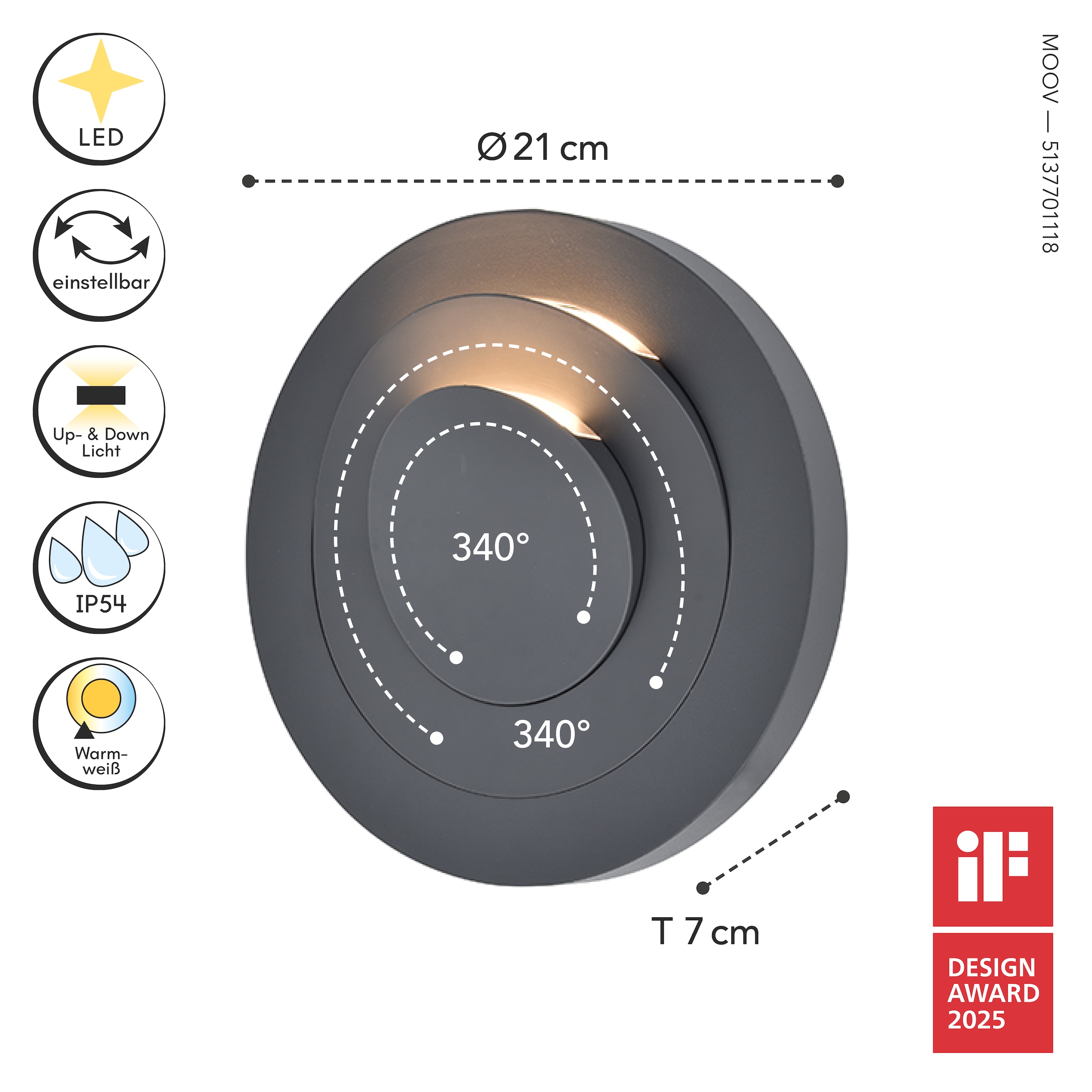 LUTEC LED Außen-Wandleuchte »LED-Aussenwandleuchte MOOV«, 3 flammig, Leuchtmittel LED-Board | LED fest integriert, Design-Award