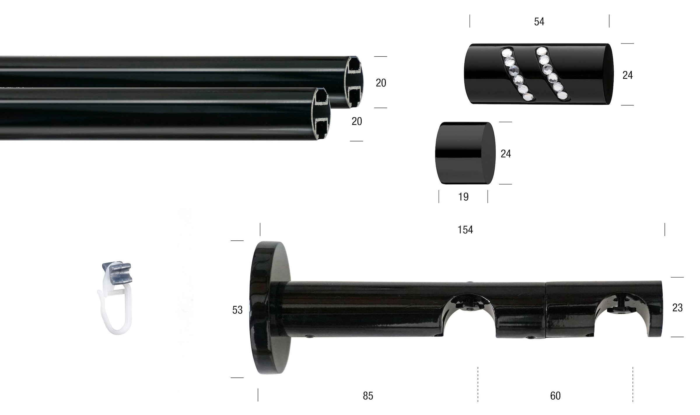 GARESA Gardinenstange »BLACK«, 2 läufig-läufig, Wunschmaßlänge, Vorhanggarnitur, Innenlauf, verlängerbar, Endknopf mit Glitzersteinen