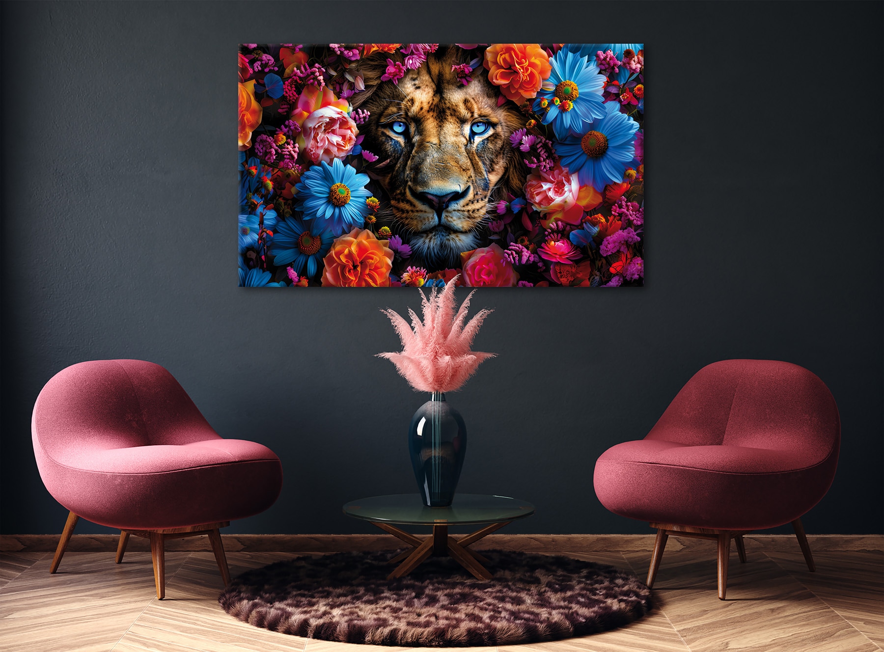 Bönninghoff Leinwandbild »Wandbild LÖWE MIT BLUMEN XXL 90x150 cm – Leinwandbild Keilrahmen Deko« Blumen | Raubkatzen | Tiger 1 Stk. tlg. auf Keilrahmen gespannt